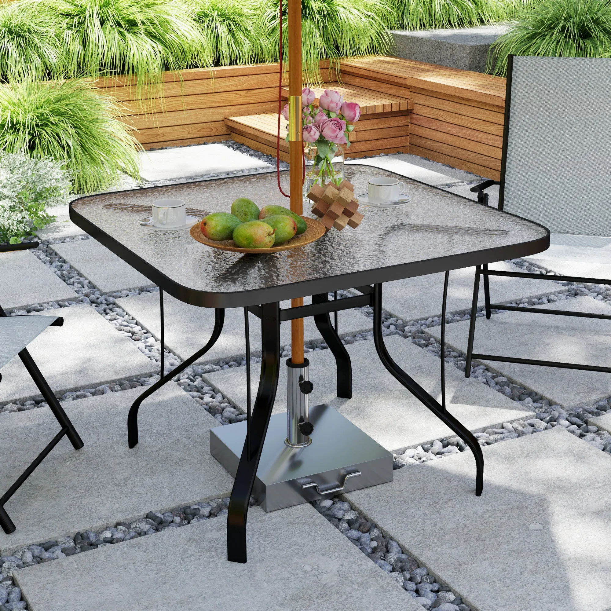 4-seater square garden table with glass top and hole for umbrella Ø54 mm, black - Image 2