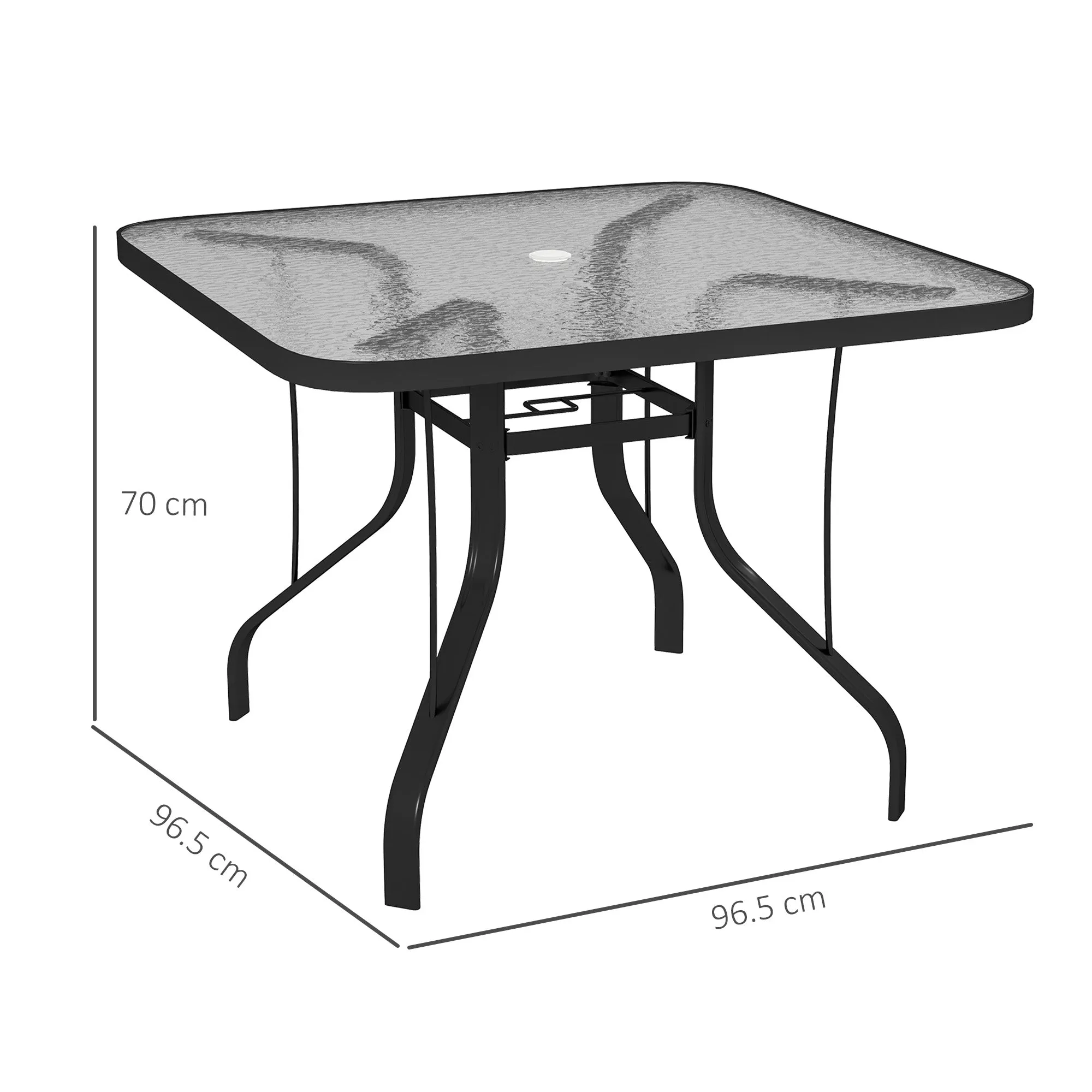 4-seater square garden table with glass top and hole for umbrella Ø54 mm, black - Image 3