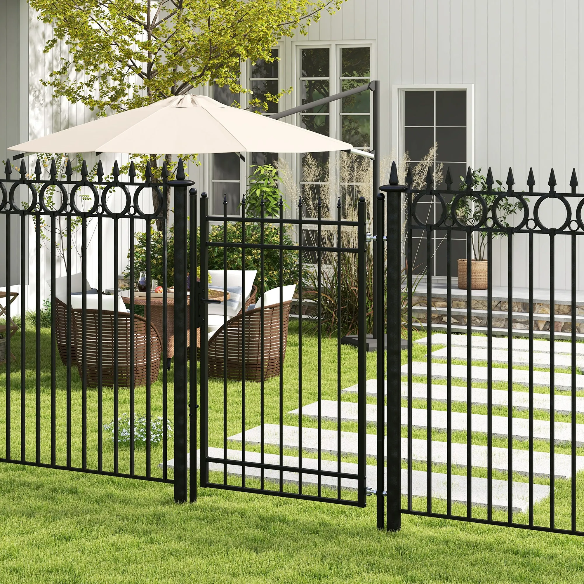 Safety Gate with Lock, 3 Keys and 2 Posts, in Galvanized Steel, 107x204 cm, Black - Image 2