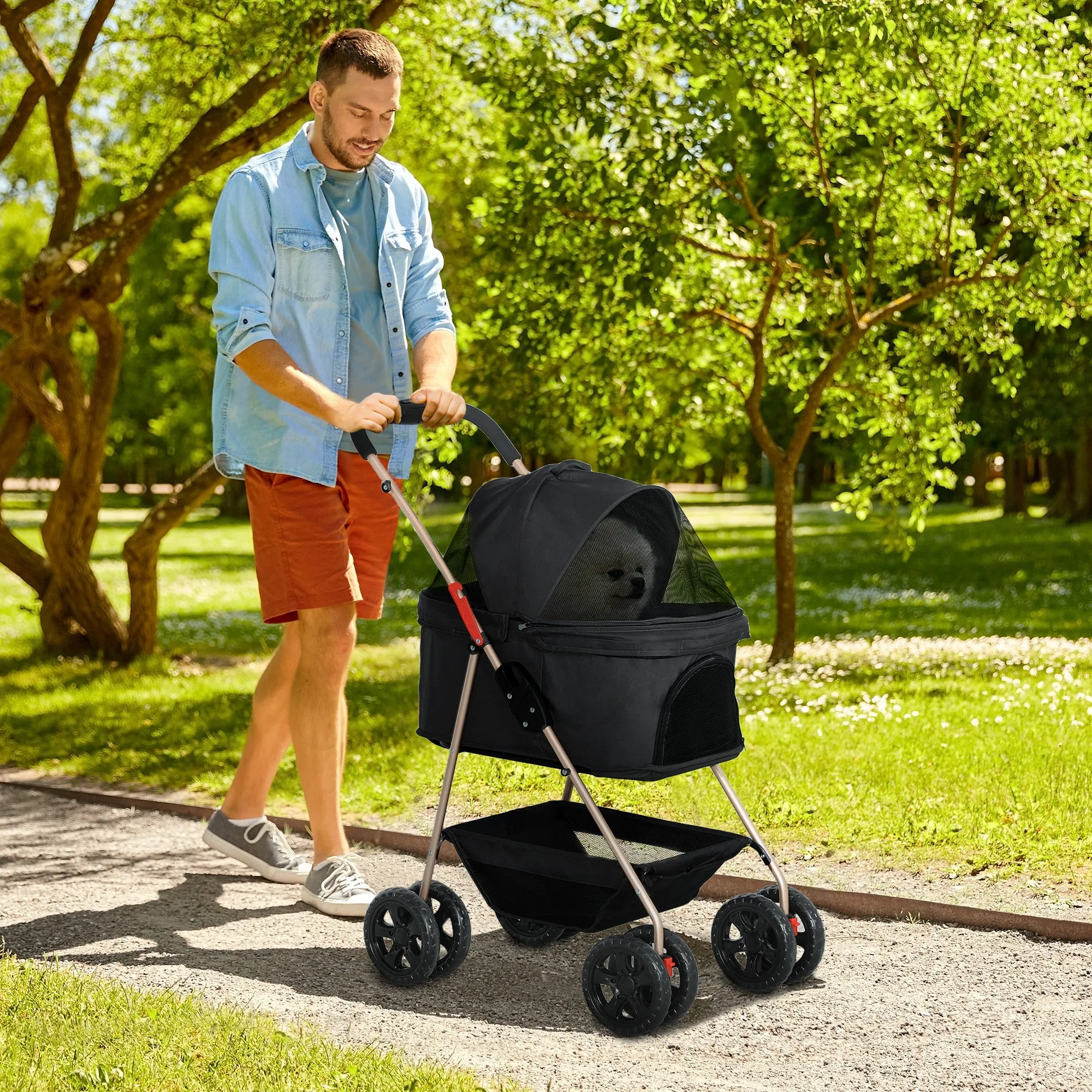 3 in 1 Foldable Dog Stroller with Carrying Bag and Bottom Basket, Black - Image 2