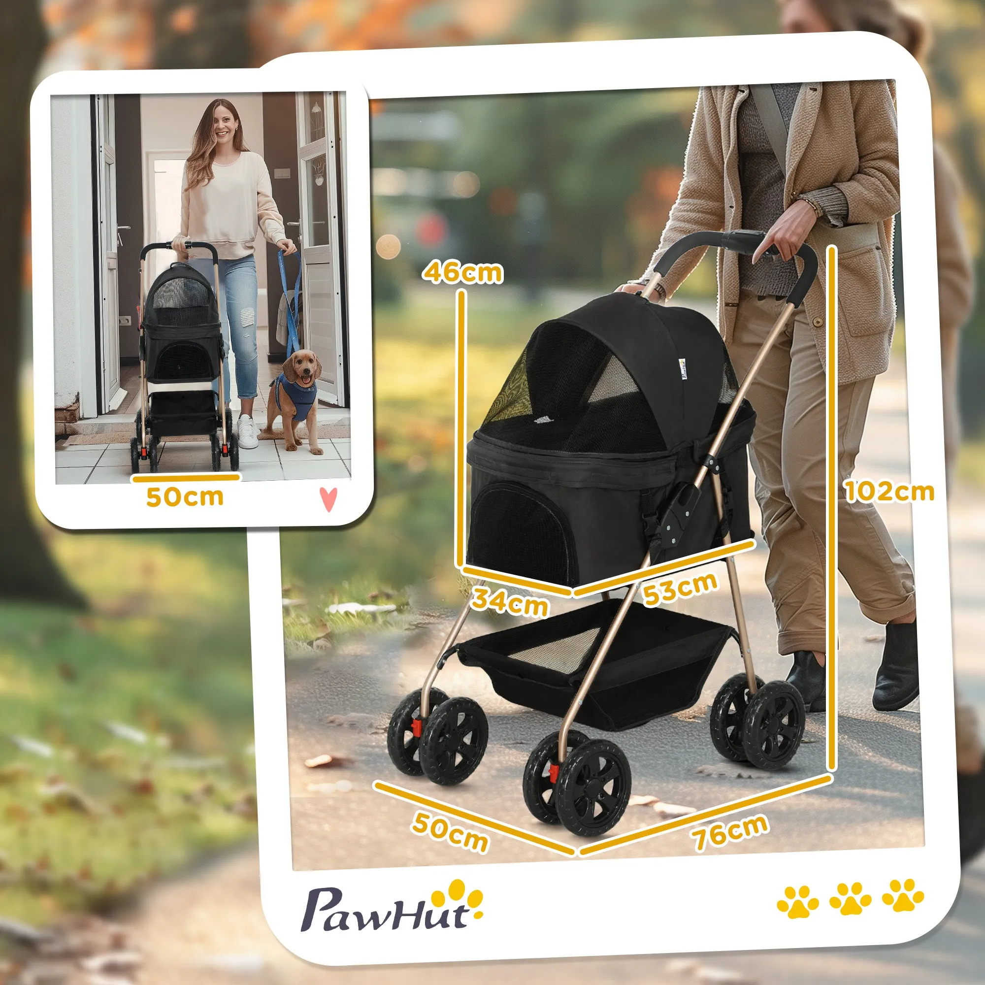 3 in 1 Foldable Dog Stroller with Carrying Bag and Bottom Basket, Black - Image 3