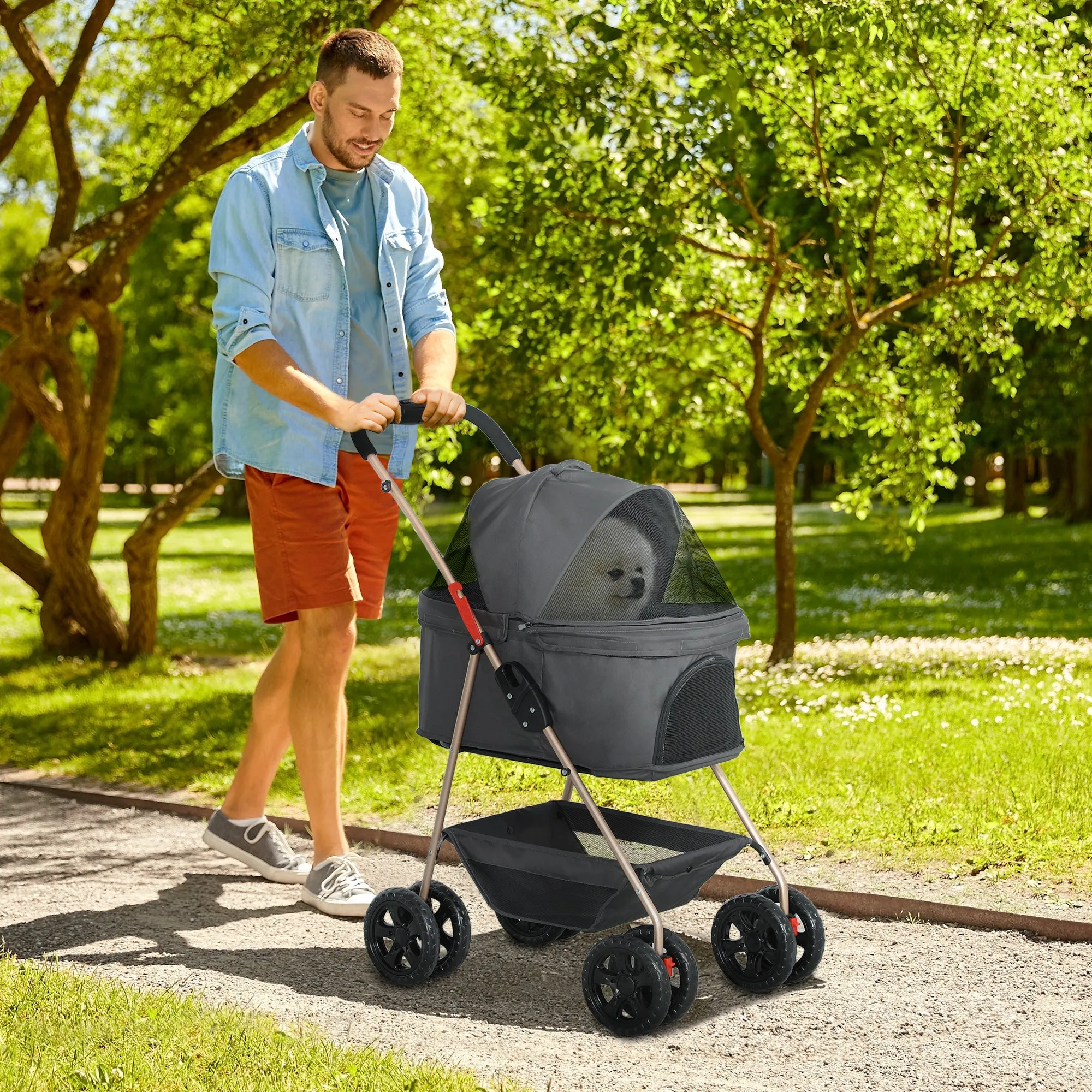 3 in 1 Foldable Dog Stroller with Carrying Bag and Bottom Basket, Gray - Image 2