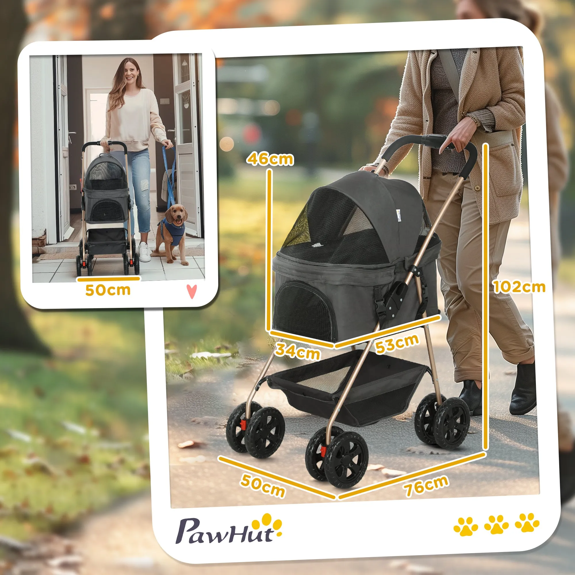 3 in 1 Foldable Dog Stroller with Carrying Bag and Bottom Basket, Gray - Image 3