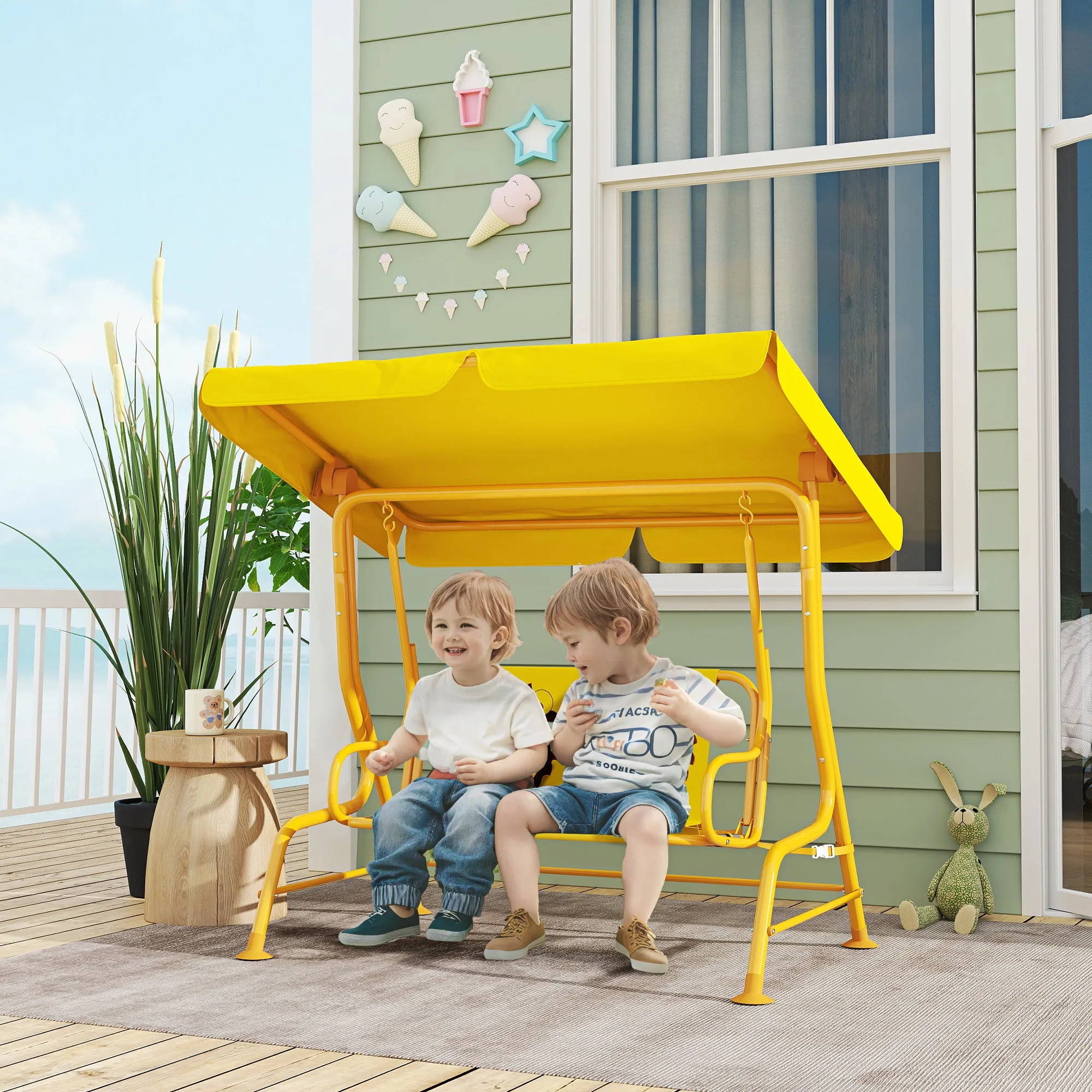 2-Seater Outdoor Children's Swing with Adjustable Canopy and Safety Belts, 112x75x120 cm, Yellow - Image 2