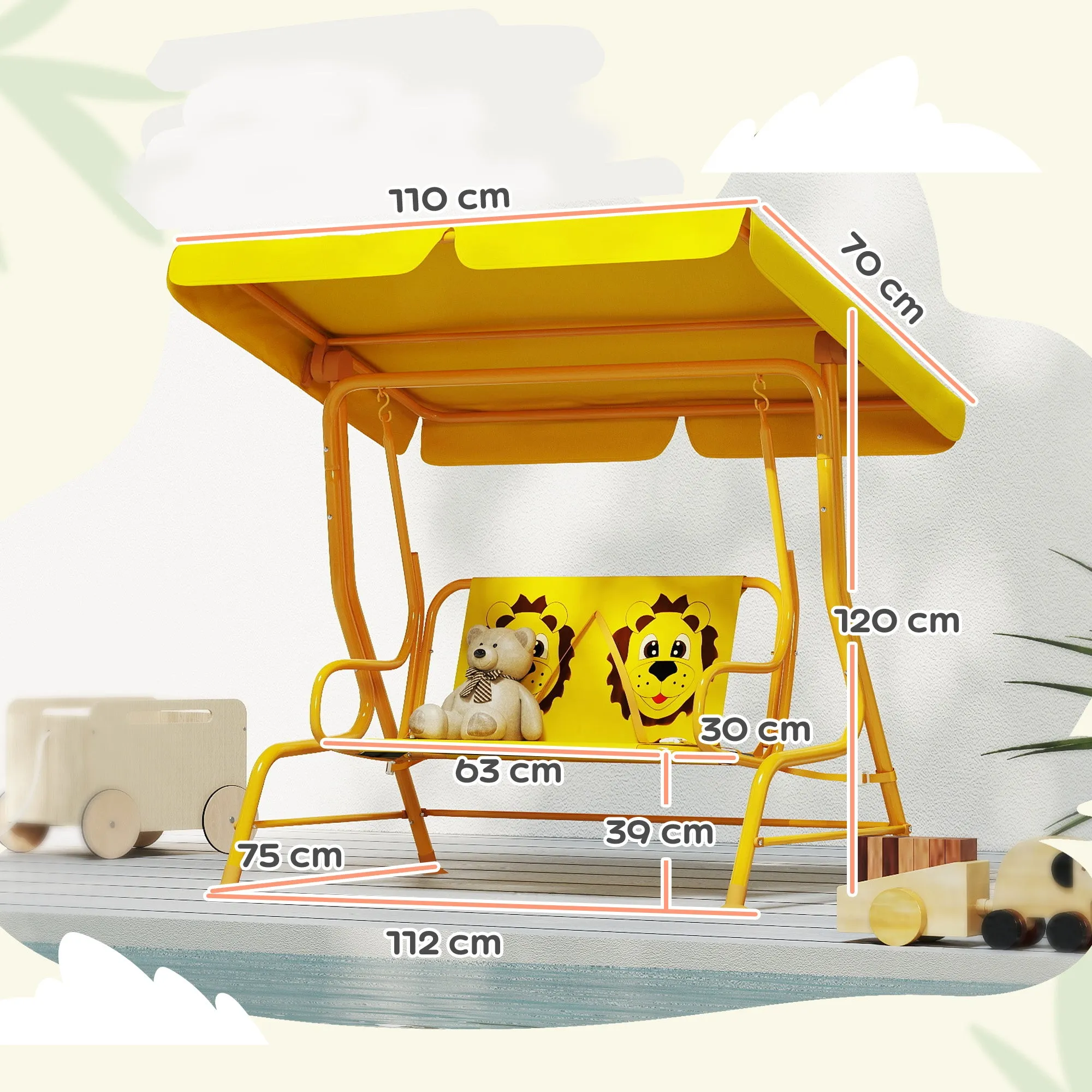 2-Seater Outdoor Children's Swing with Adjustable Canopy and Safety Belts, 112x75x120 cm, Yellow - Image 3