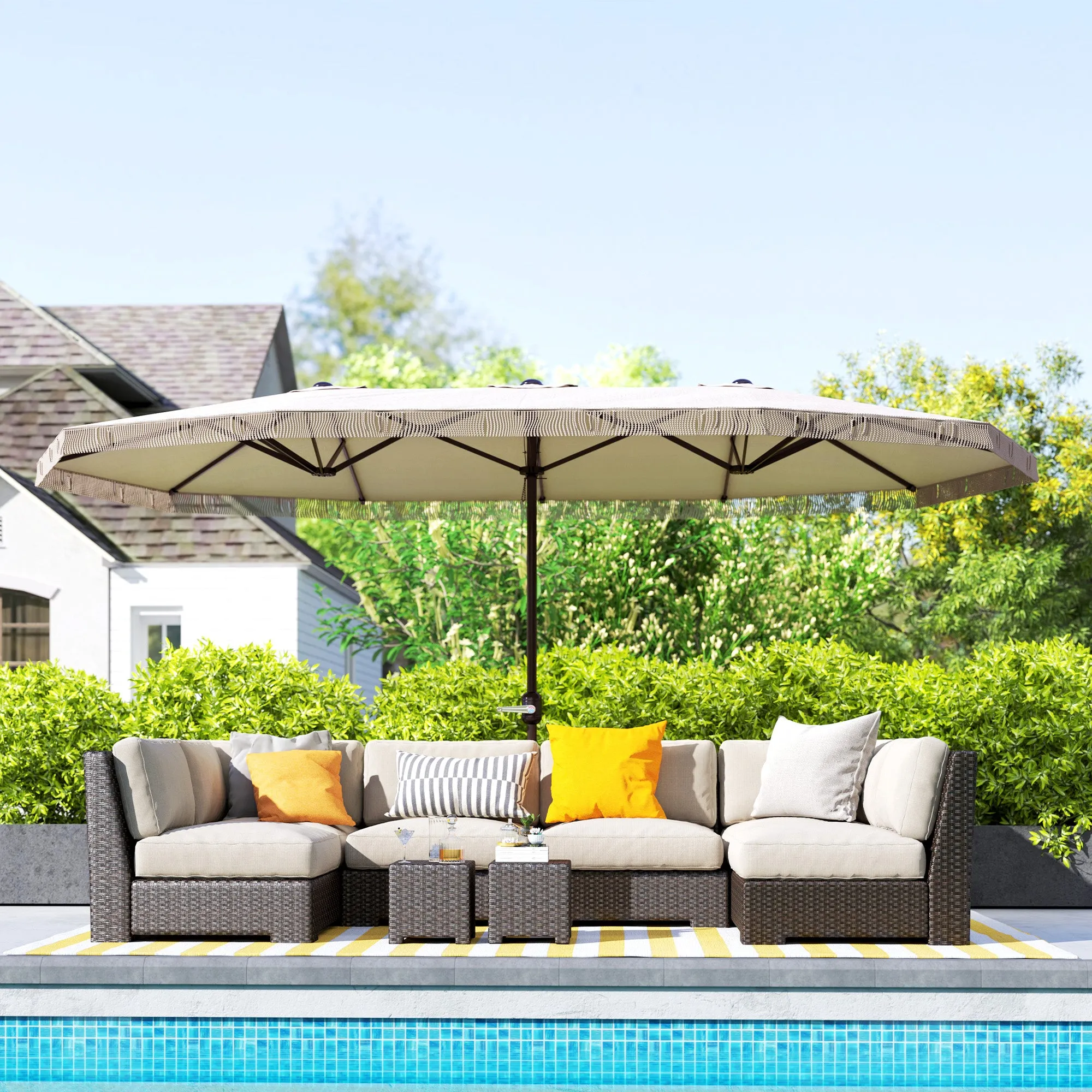 Double Umbrella with 12 Ribs with Crank, in Polyester and Steel, 450x265x260 cm, Cream White - Image 2