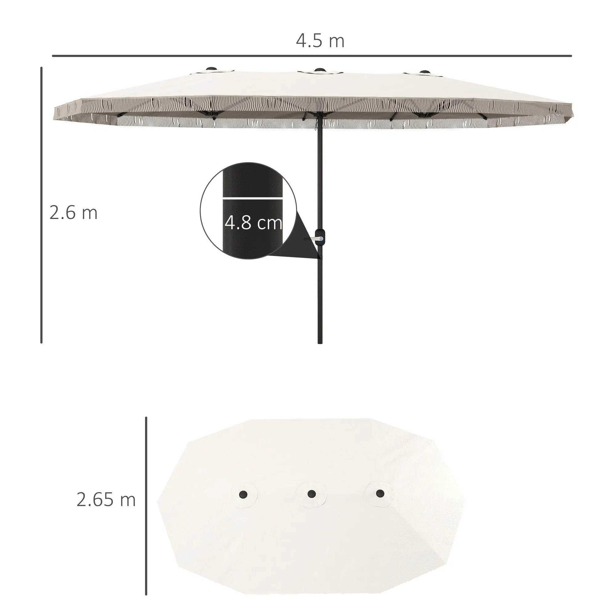 Double Umbrella with 12 Ribs with Crank, in Polyester and Steel, 450x265x260 cm, Cream White - Image 3