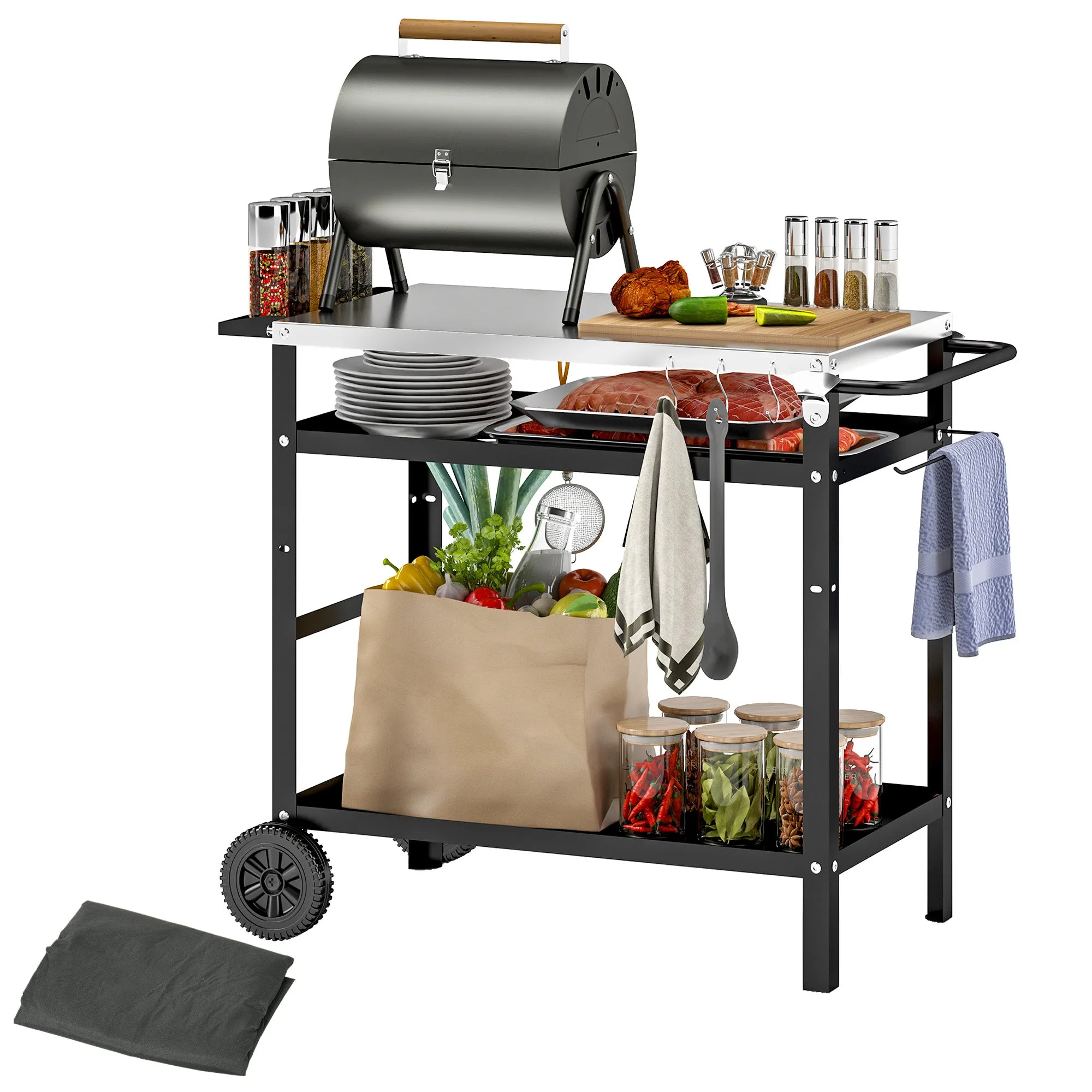 Barbecue Cart with Steel Top and Adjustable Shelf, Wheels and Hooks, 100x52x80 cm, Black