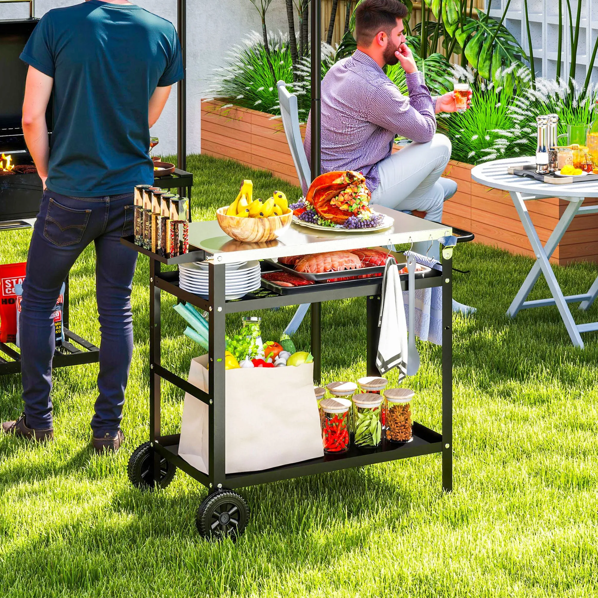 Barbecue Cart with Steel Top and Adjustable Shelf, Wheels and Hooks, 100x52x80 cm, Black - Image 2