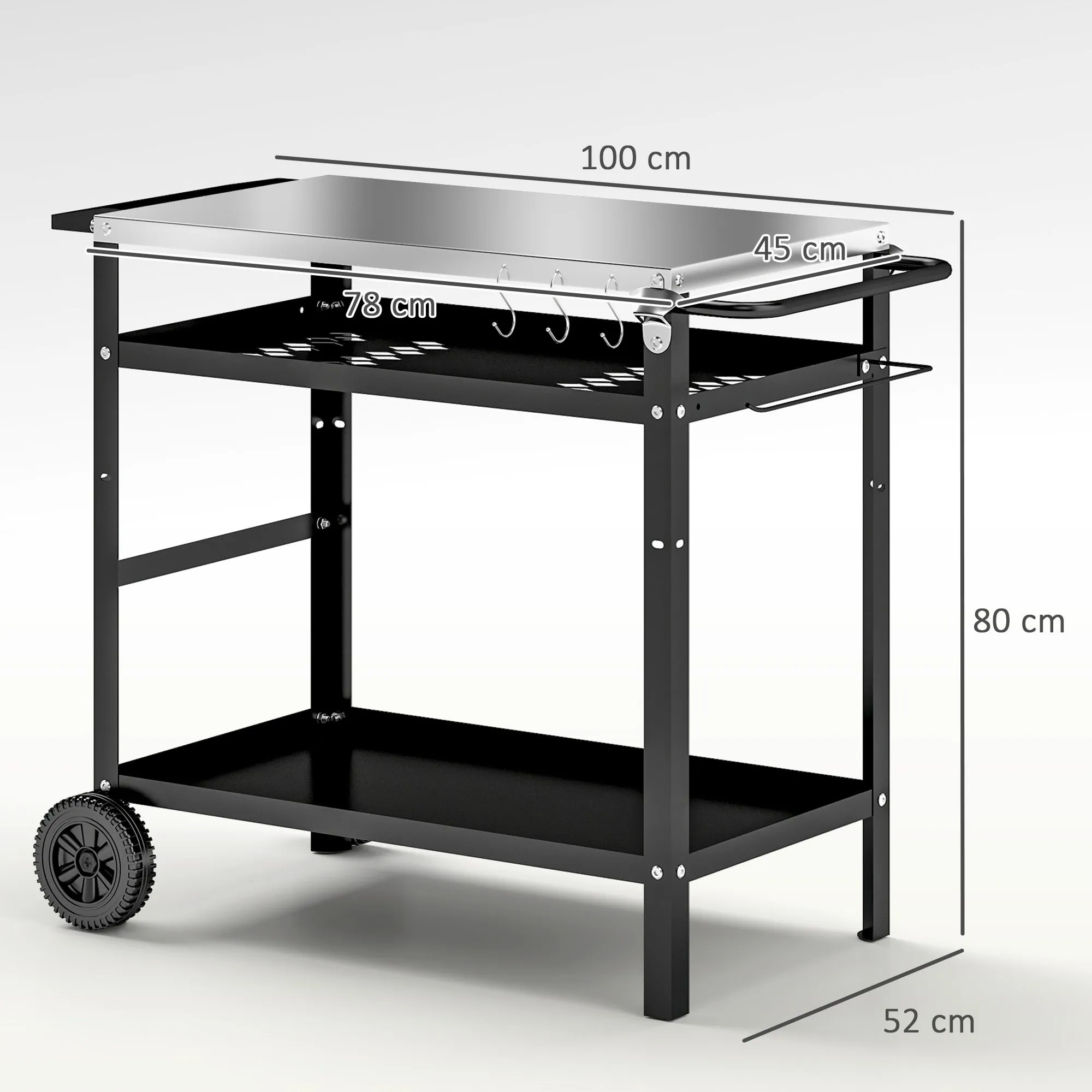 Barbecue Cart with Steel Top and Adjustable Shelf, Wheels and Hooks, 100x52x80 cm, Black - Image 3