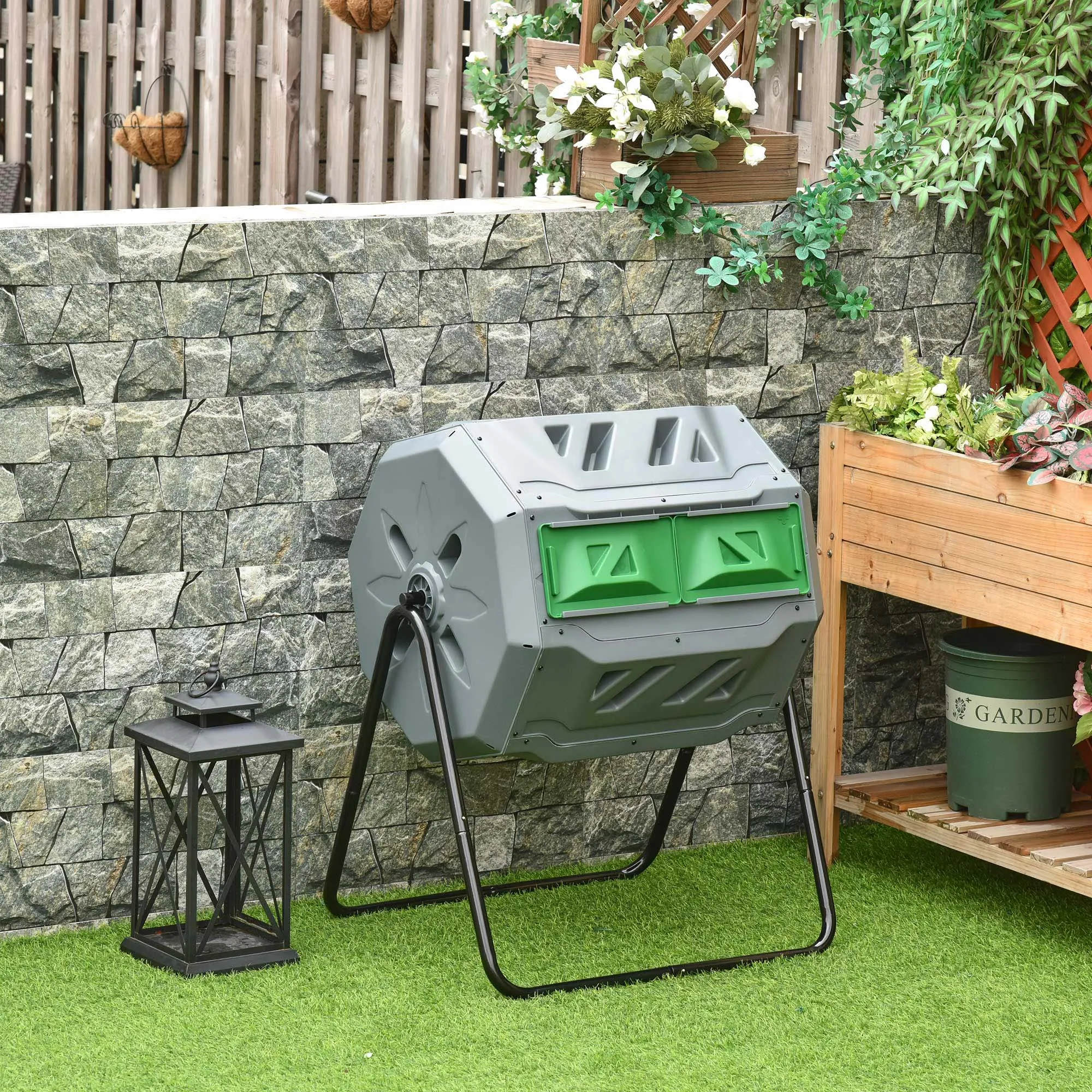 2-Section Rotating Garden Composter with 8 Air Vents, Steel and PP, 71x65x96 cm, Grey - Image 2