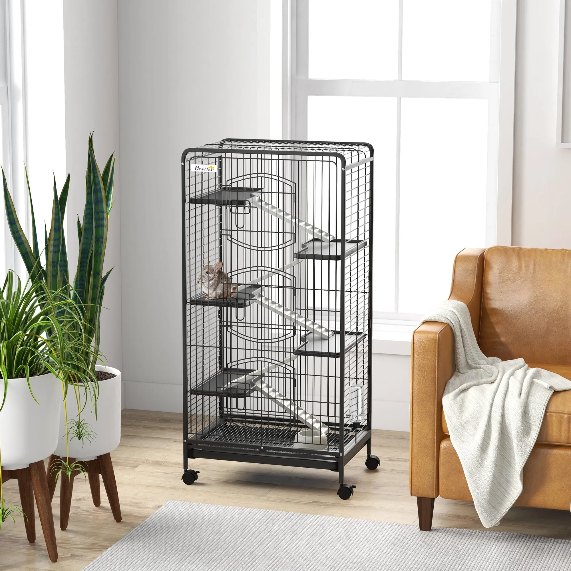 Small Animal Cage with Wheels, 5 Ramps and 5 Platforms, Bowl and Bottle, 61.5x44x131 cm, Black - Image 2
