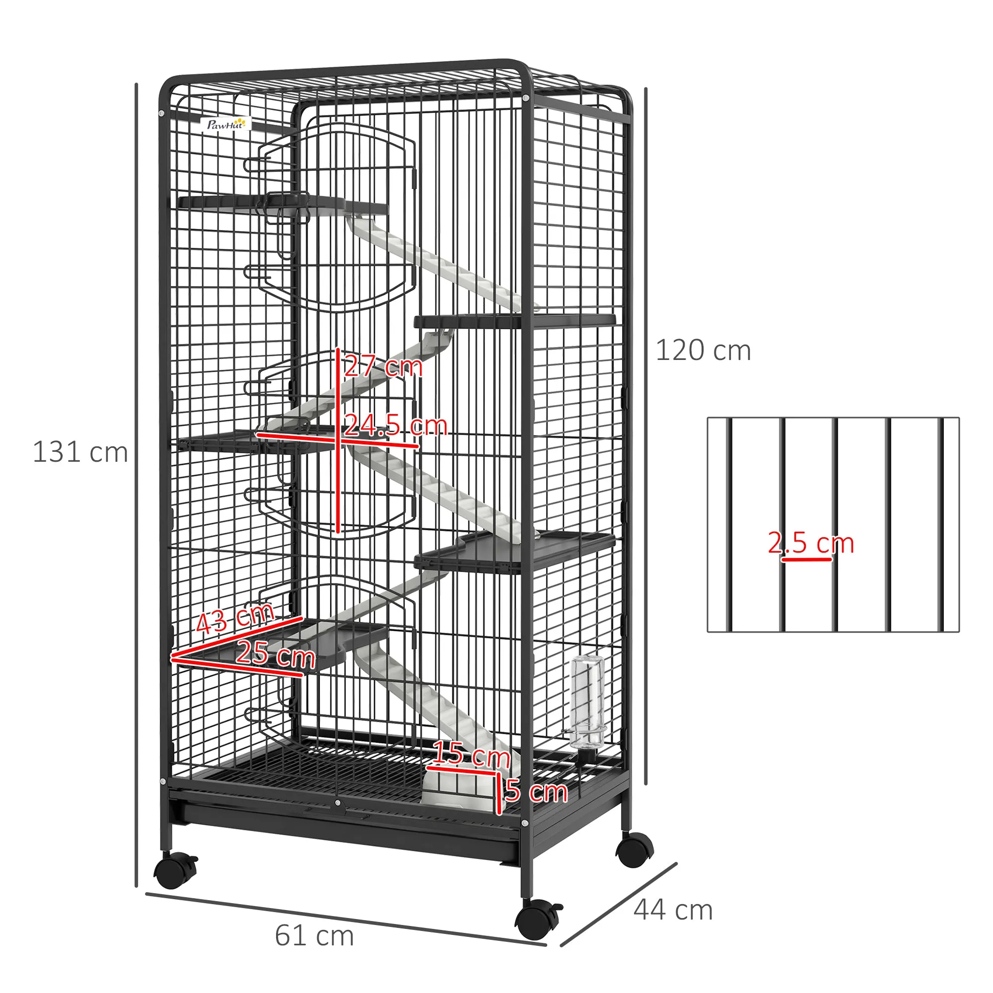 Small Animal Cage with Wheels, 5 Ramps and 5 Platforms, Bowl and Bottle, 61.5x44x131 cm, Black - Image 3