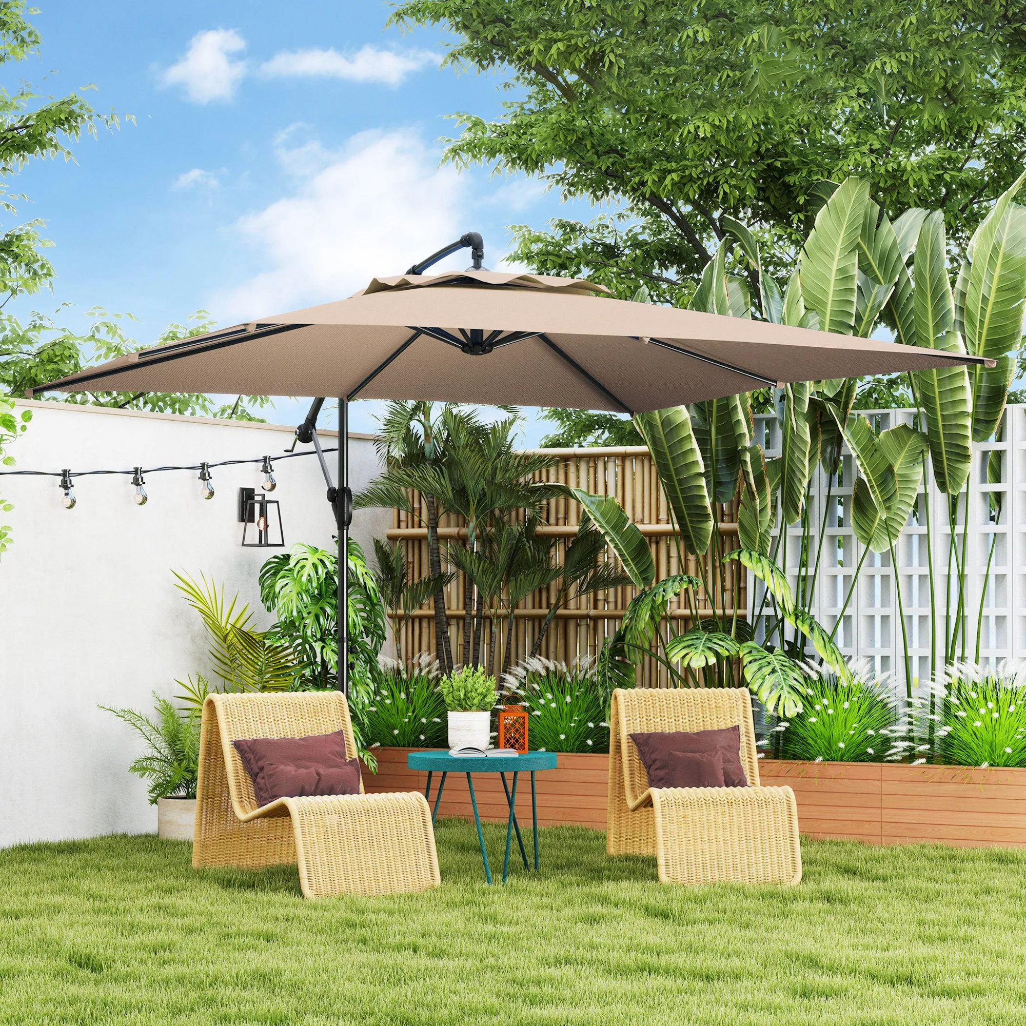 3x3 m Arm Umbrella with Adjustable Cover and Cross Base, in Metal and Polyester, Khaki color - Image 2