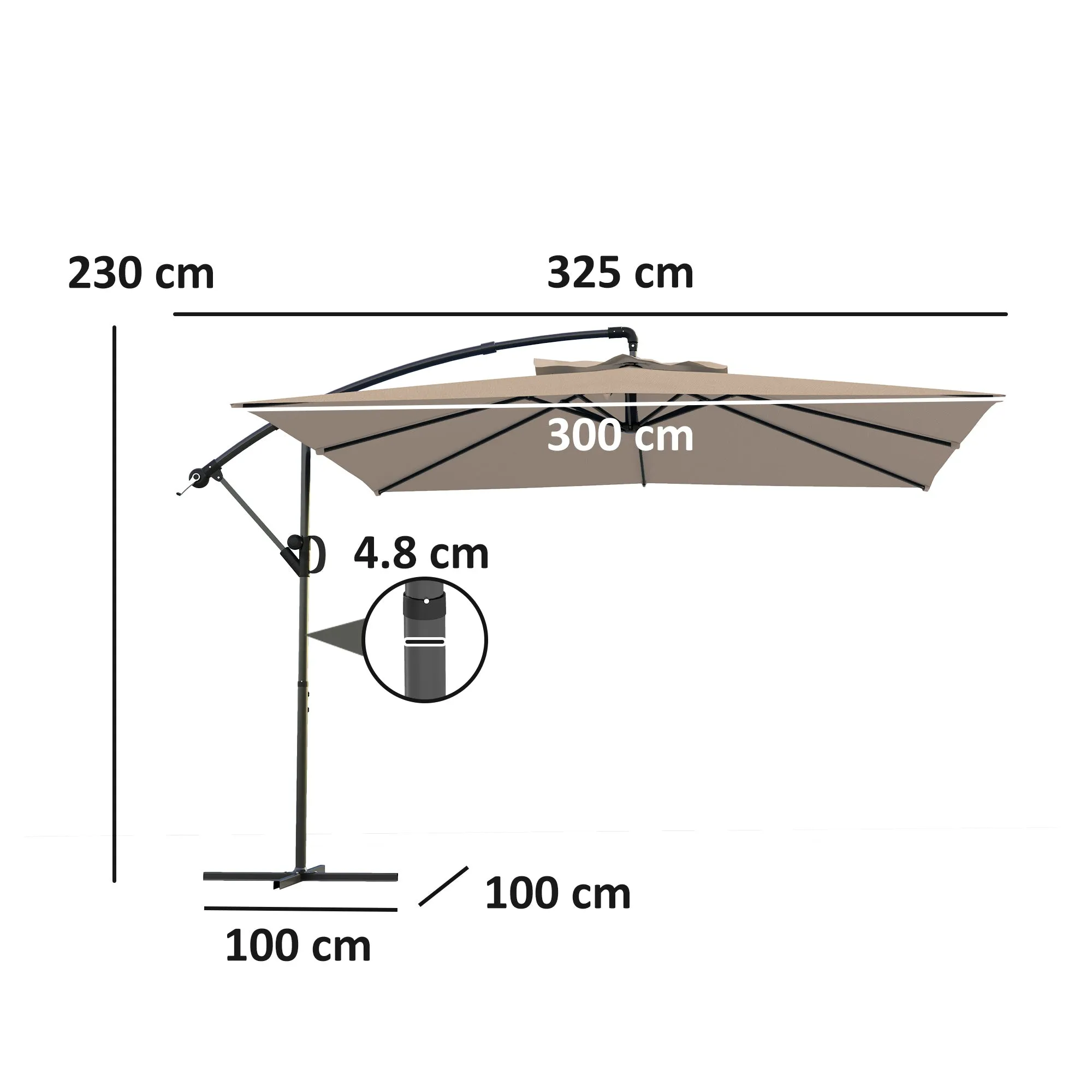 3x3 m Arm Umbrella with Adjustable Cover and Cross Base, in Metal and Polyester, Khaki color - Image 3