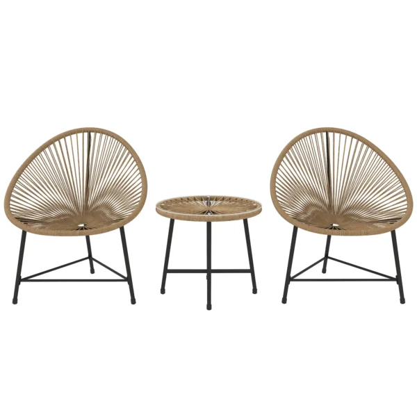 3 Piece PE Rattan and Steel Garden Set with 2 Oval Chairs and Coffee Table, Black and Wood Color