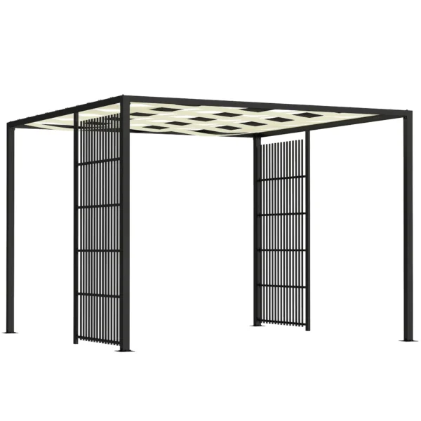Outdoor Pergola 3x3 m with Wavy Covering and Side Panels, in Metal and Black Polyester