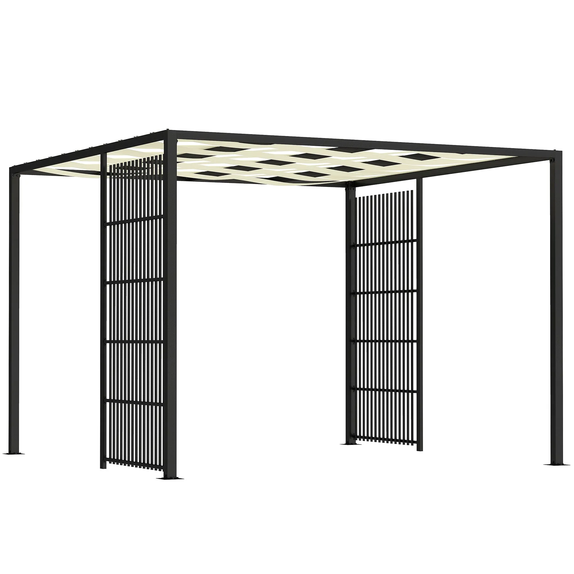 Outdoor Pergola 3x3 m with Wavy Covering and Side Panels, in Metal and Black Polyester