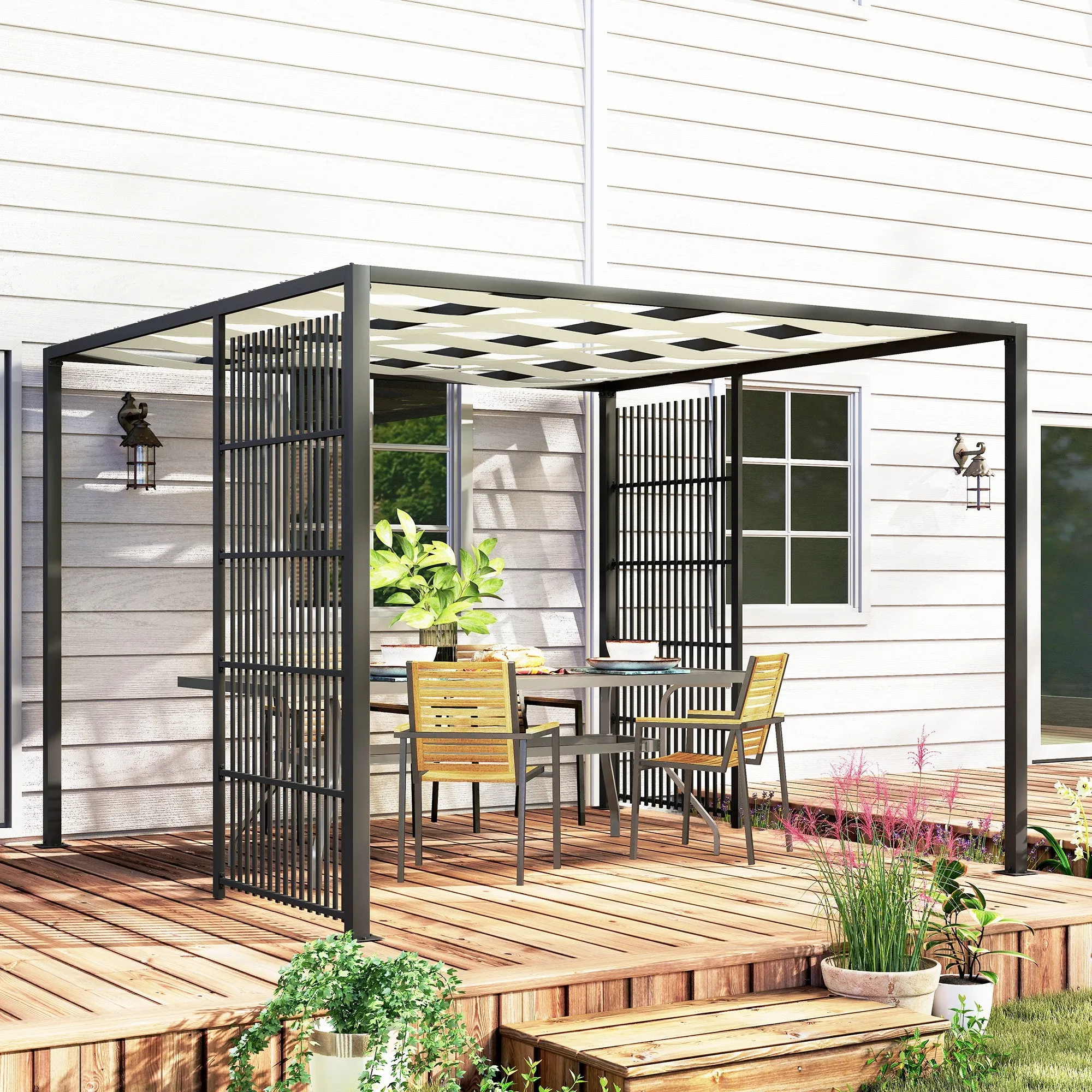 Outdoor Pergola 3x3 m with Wavy Covering and Side Panels, in Metal and Black Polyester - Image 2