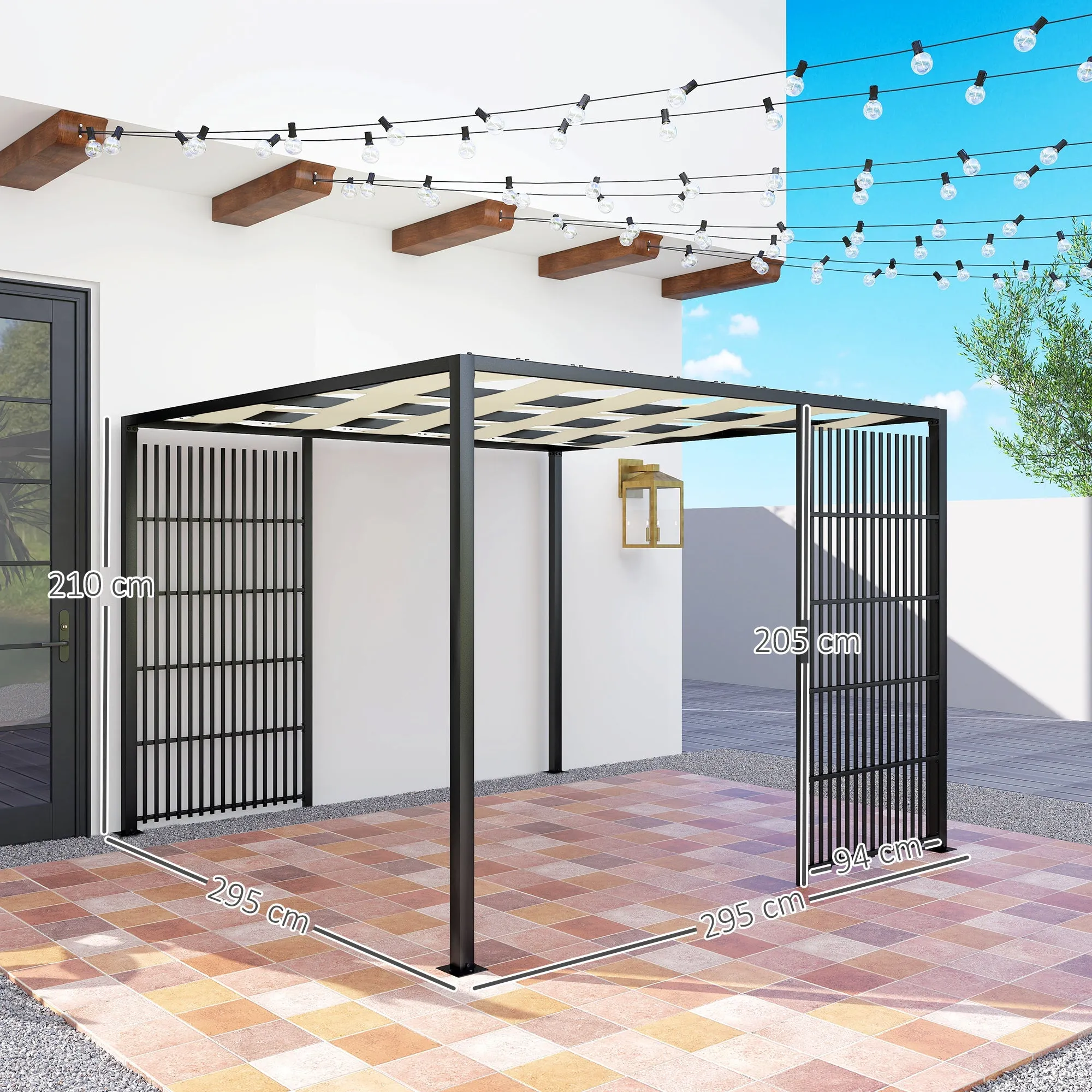 Outdoor Pergola 3x3 m with Wavy Covering and Side Panels, in Metal and Black Polyester - Image 3