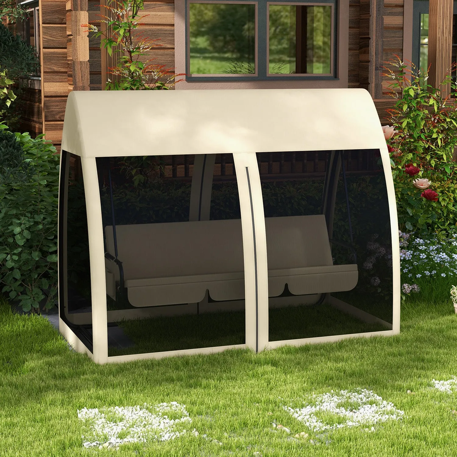 Garden Swing 2 in 1 Convertible into a Bed with Cushions and Mosquito Net, 240x140x197 cm, Coffee - Image 2