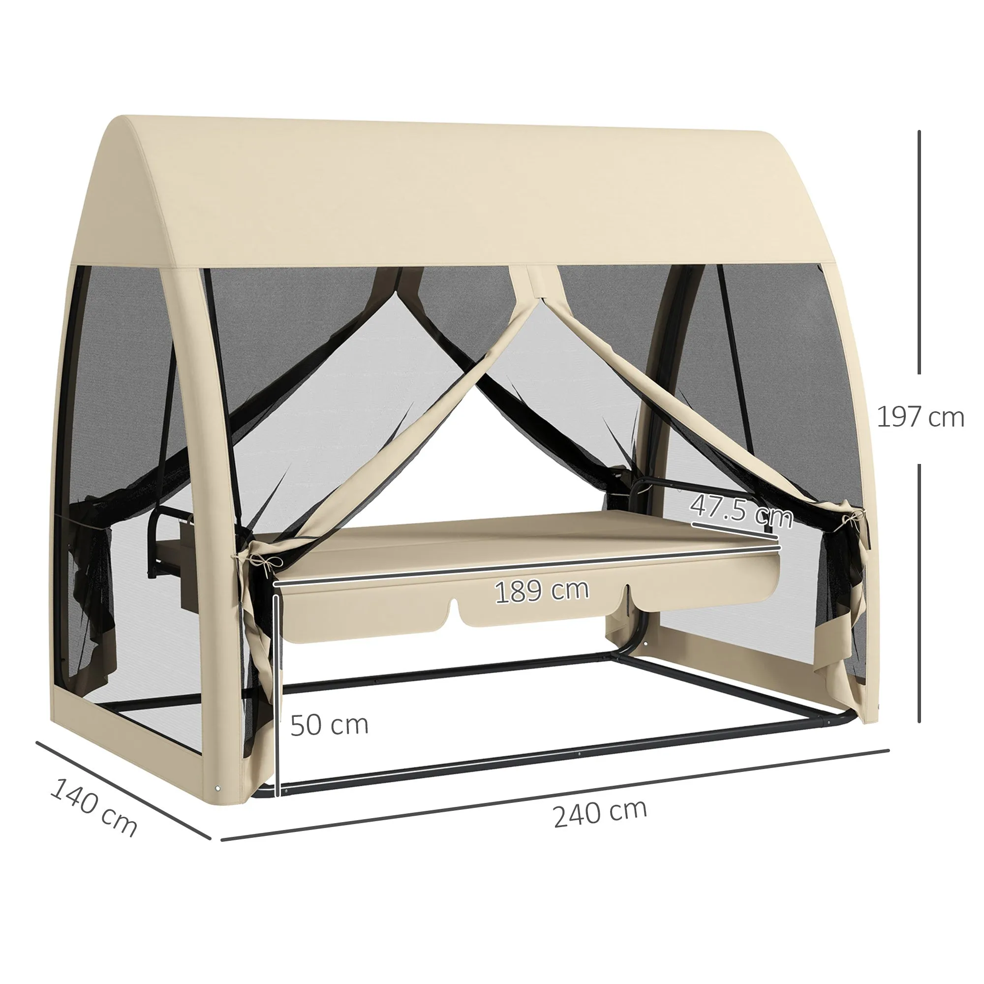 Garden Swing 2 in 1 Convertible into a Bed with Cushions and Mosquito Net, 240x140x197 cm, Coffee - Image 3