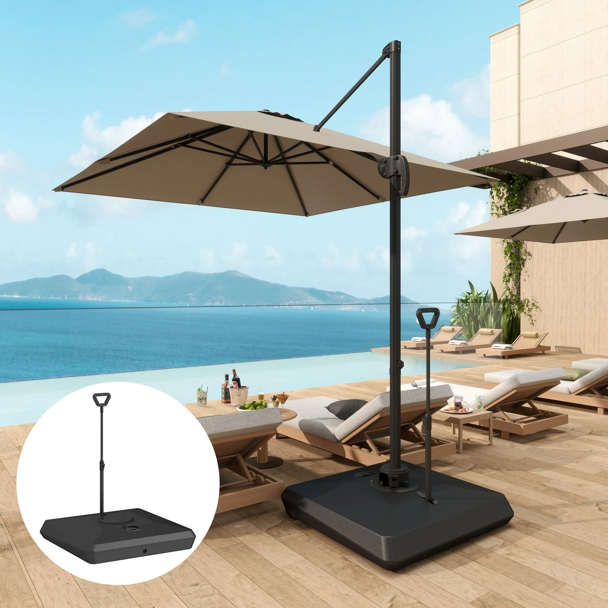 HDPE Cantilever Umbrella Base with Handle and Wheels and Fillable with Water or Sand, 95x95x117 cm, Black - Image 2