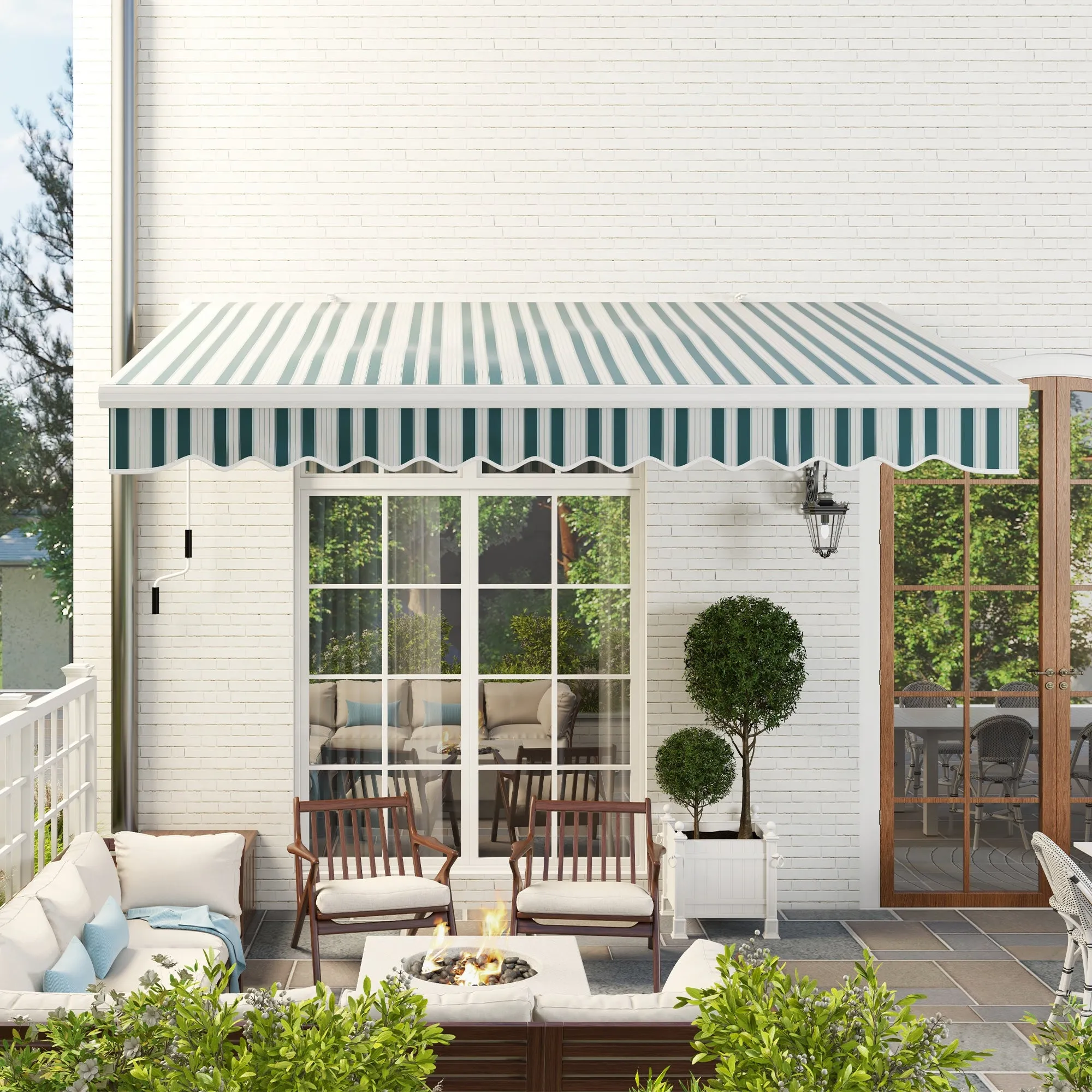 Awning with Crank Roller Arms in Metal and Aluminium, 4x2.5m, Green and White - Image 2