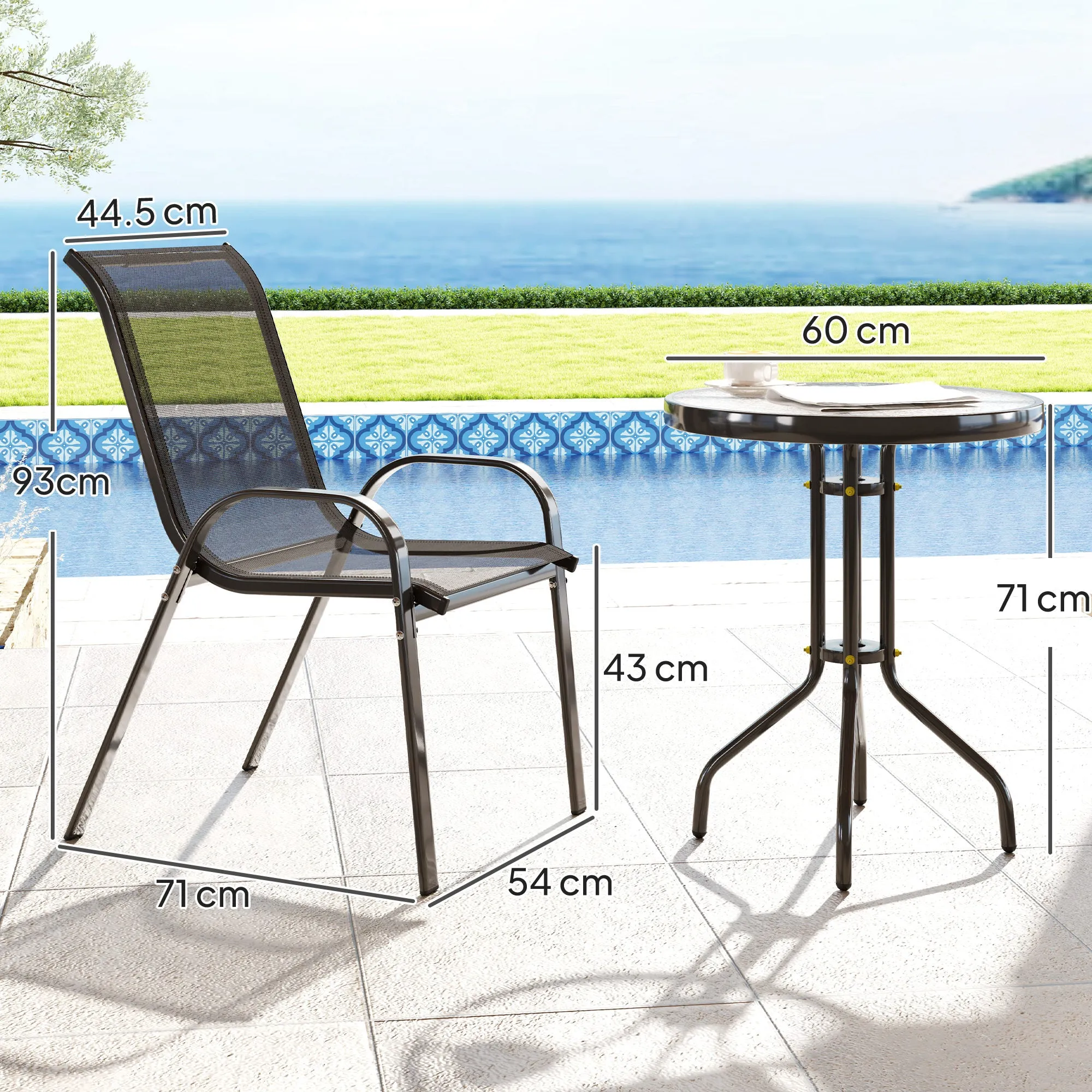 3 Piece Garden Set with 2 Garden Chairs 54x71x93 cm and Round Table Ø60x71 cm in Black Steel - Image 3