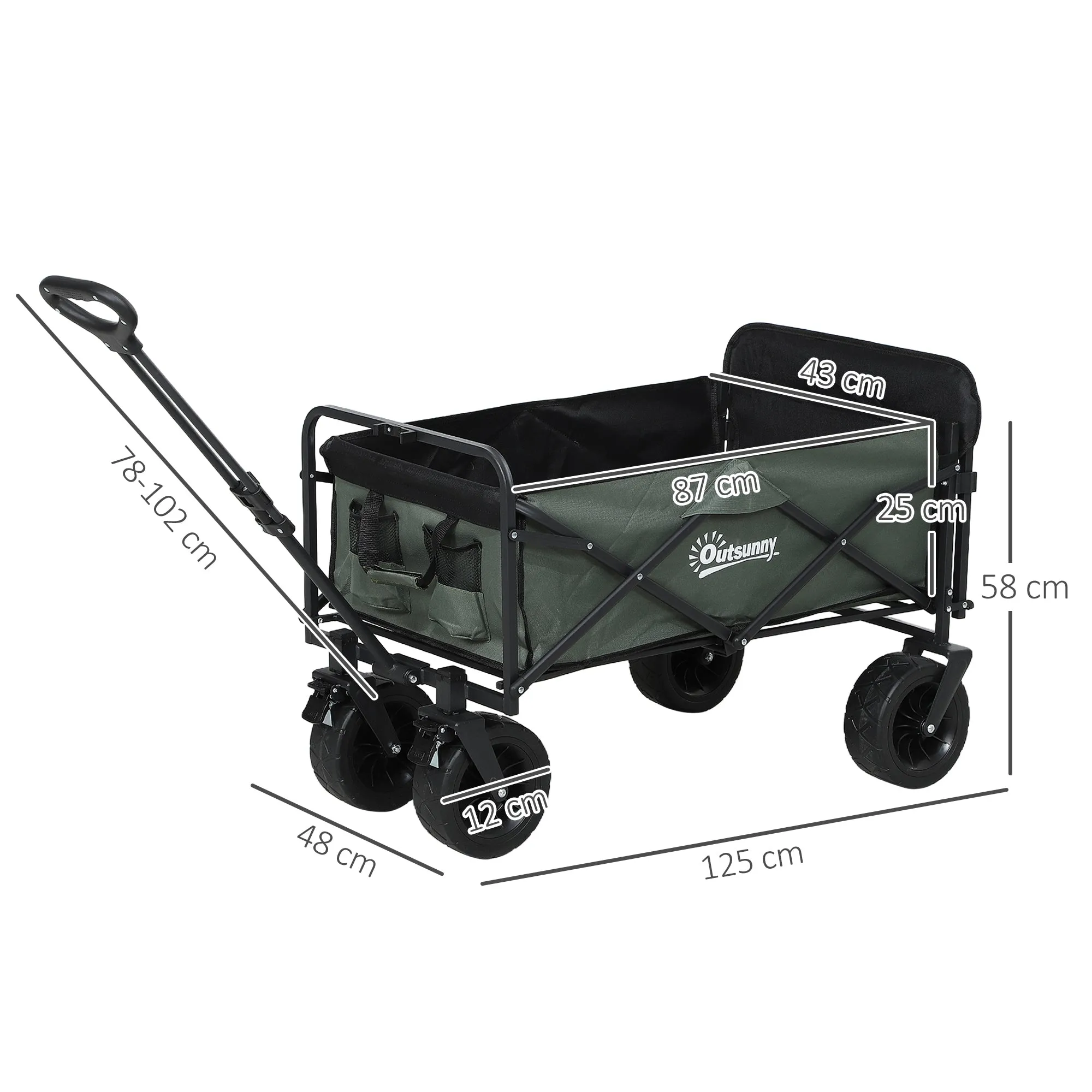 95L Folding Garden Trolley with Opening Panel, in Steel and Polyester, 125x48x78-102 cm, Green - Image 3