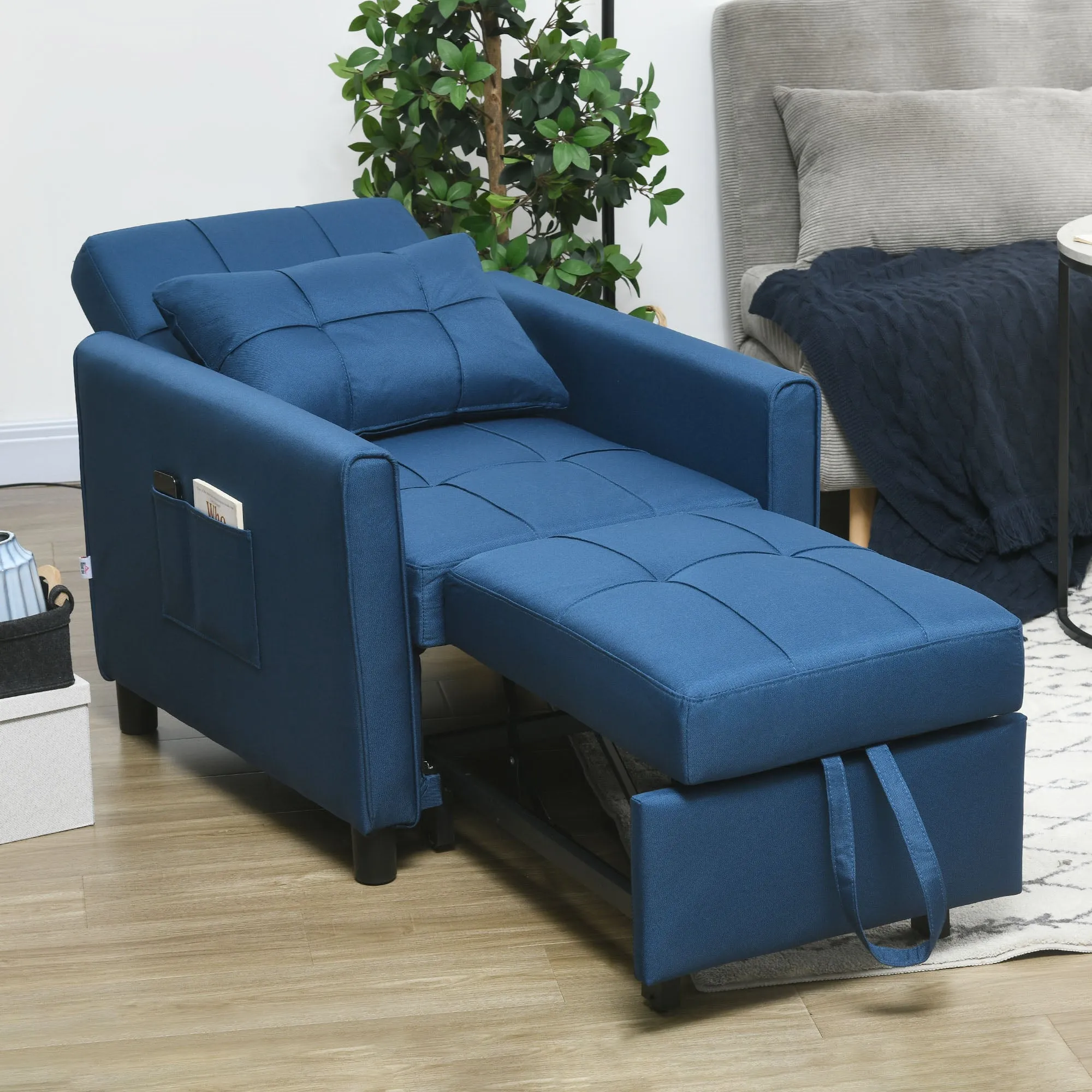 Single Reclining Armchair Bed on 3 Levels with Extra Cushion, 69x82x85cm, Blue - Image 2