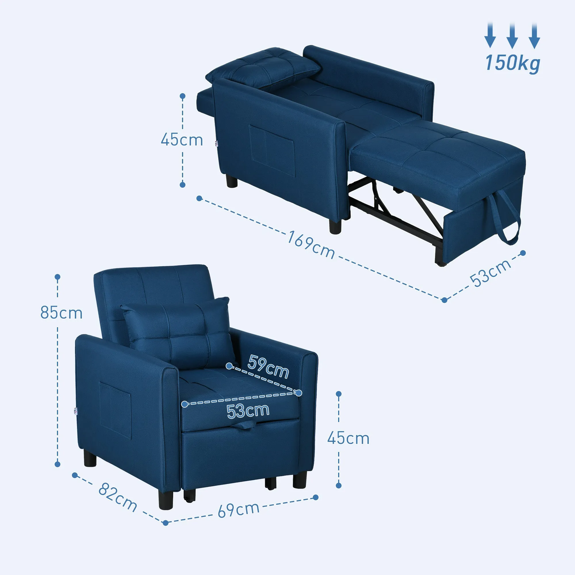 Single Reclining Armchair Bed on 3 Levels with Extra Cushion, 69x82x85cm, Blue - Image 3