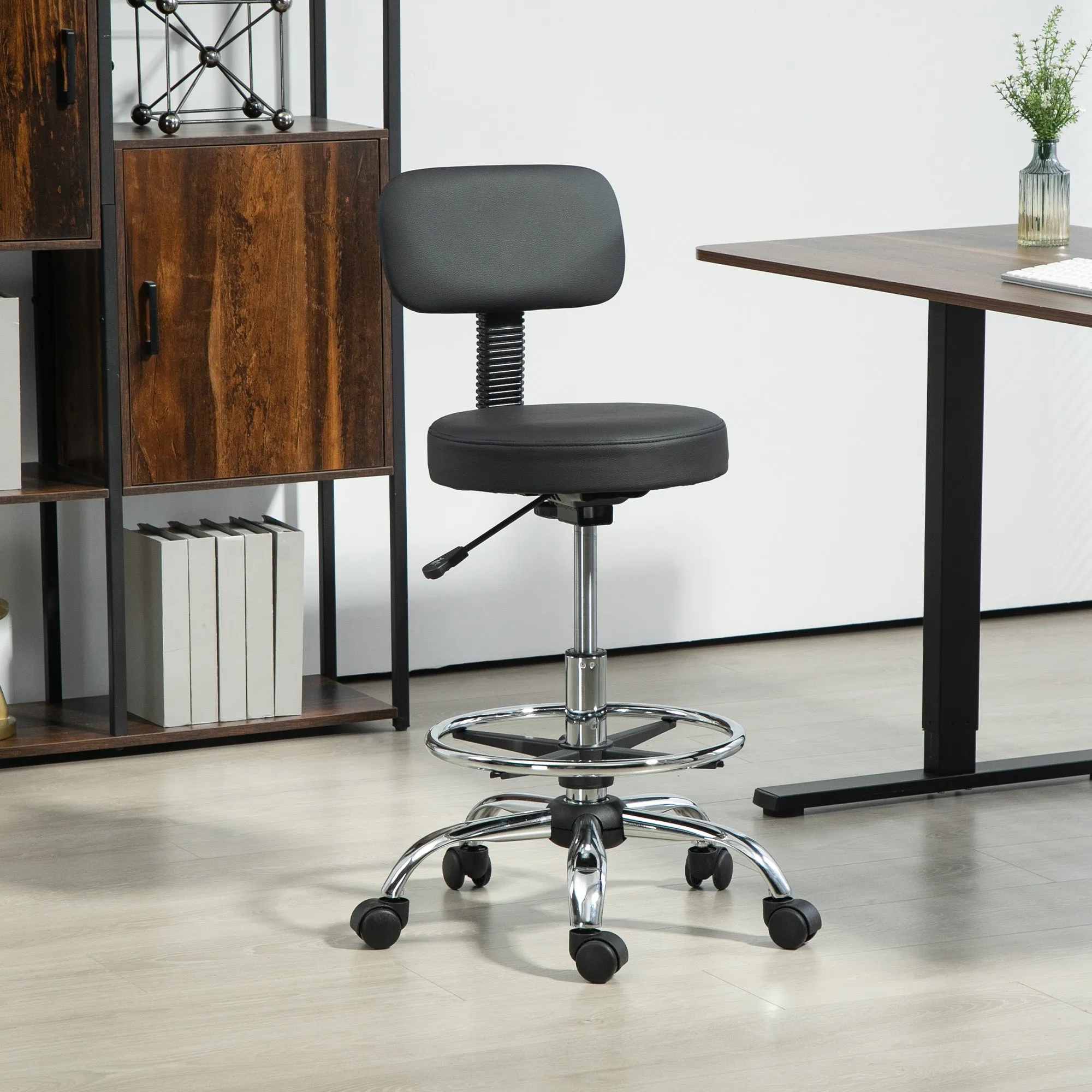 Height-Adjustable Swivel Chair with Footrest, in Steel, Faux Leather and Foam, 52x52x78-92 cm, Black - Image 2