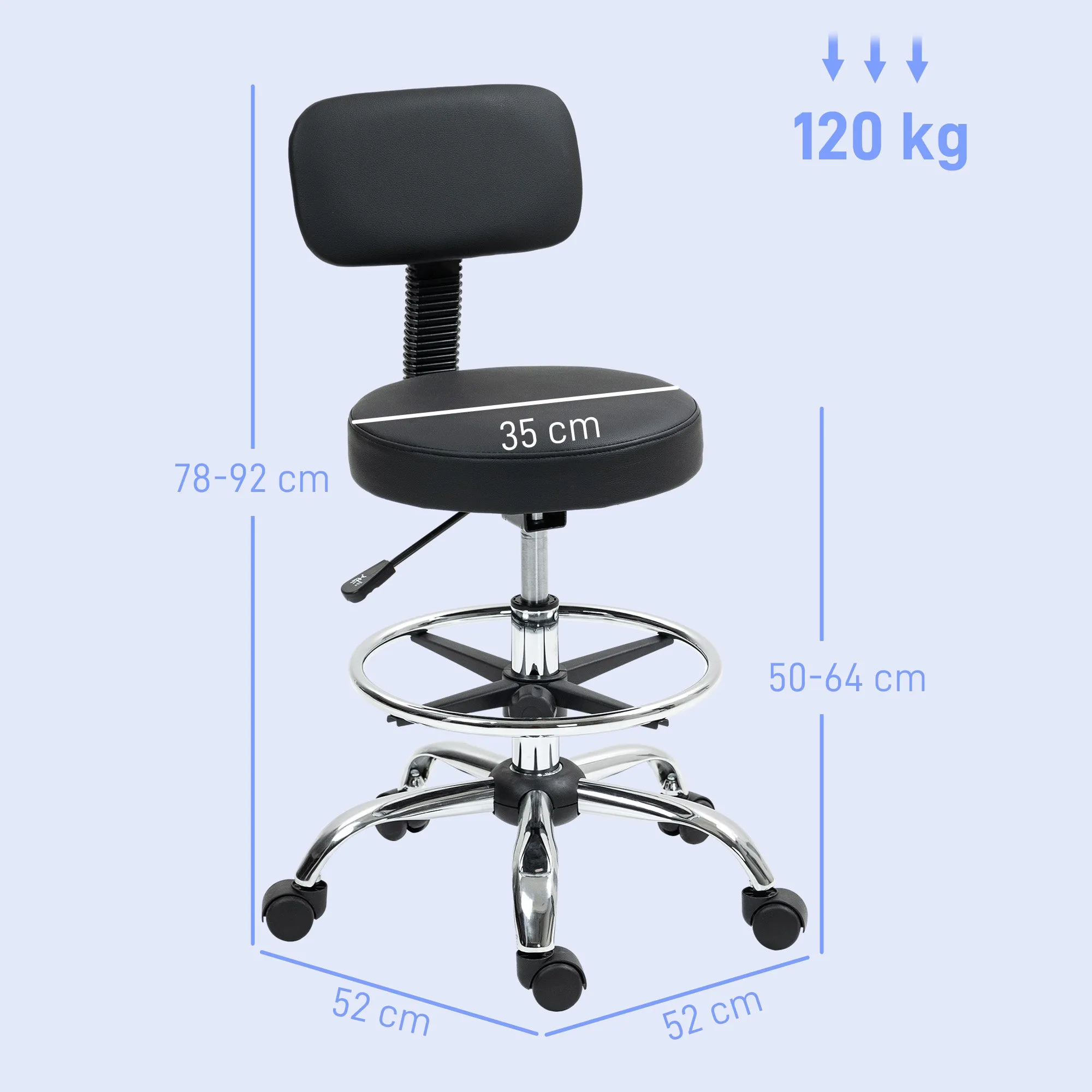 Height-Adjustable Swivel Chair with Footrest, in Steel, Faux Leather and Foam, 52x52x78-92 cm, Black - Image 3