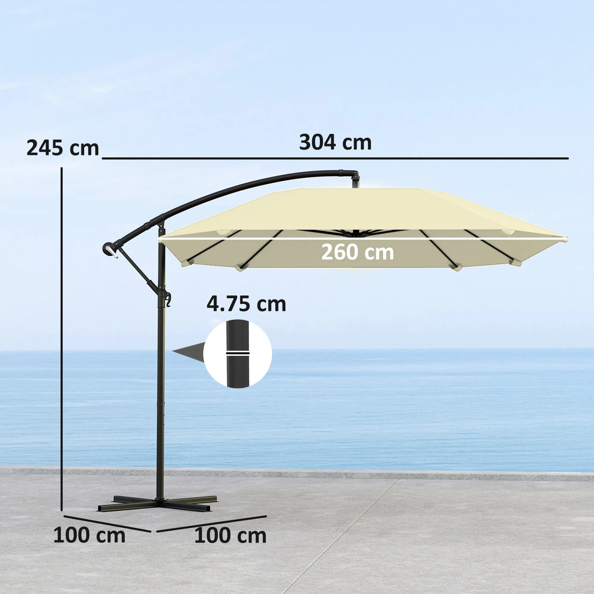 Cantilever Umbrella with Adjustable Cover and Cross Base, in Metal and Polyester, 260x304x245 cm, Cream - Image 3