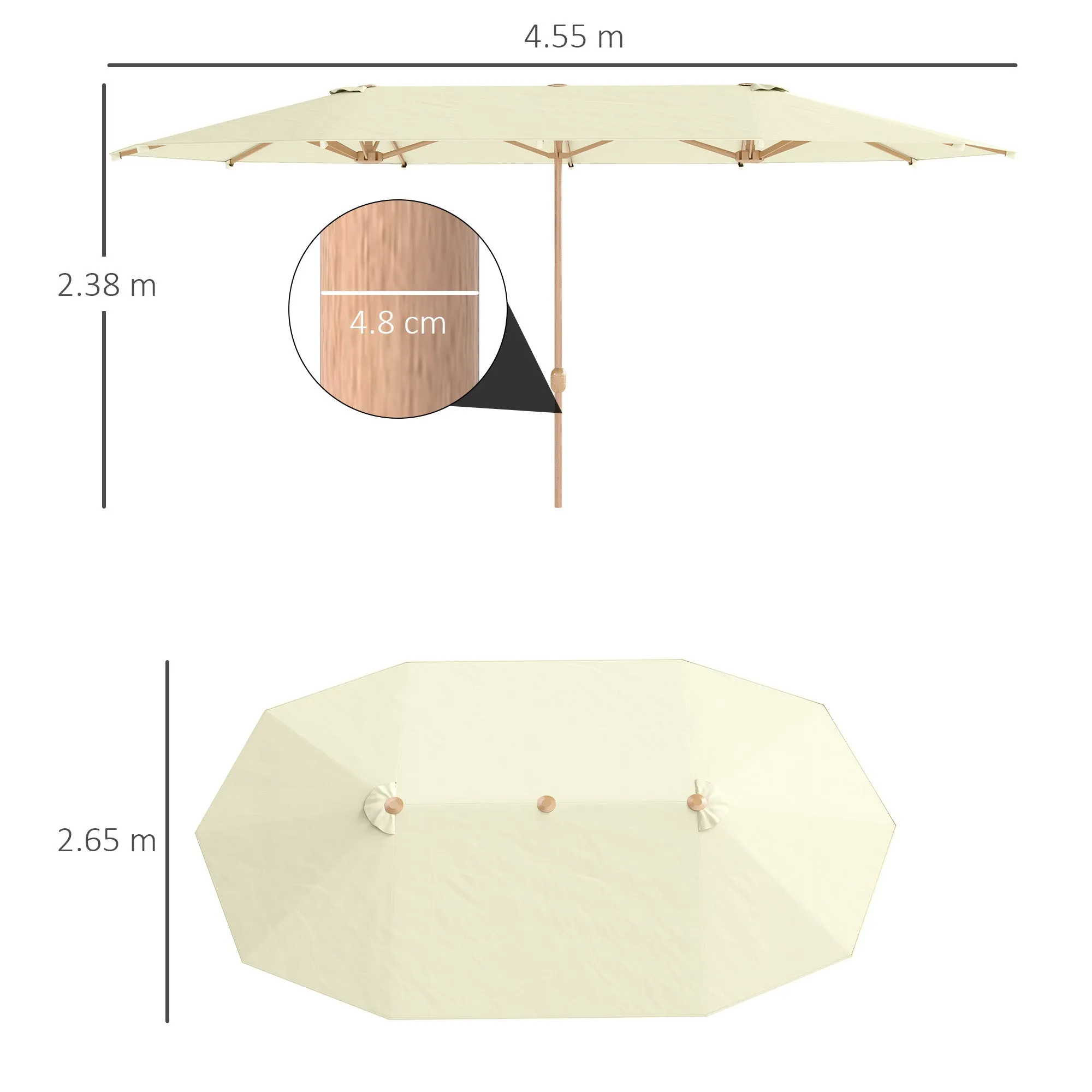 Double Umbrella with Crank Opening, in Stainless Steel and Polyester, 455x265x238 cm, Beige - Image 3