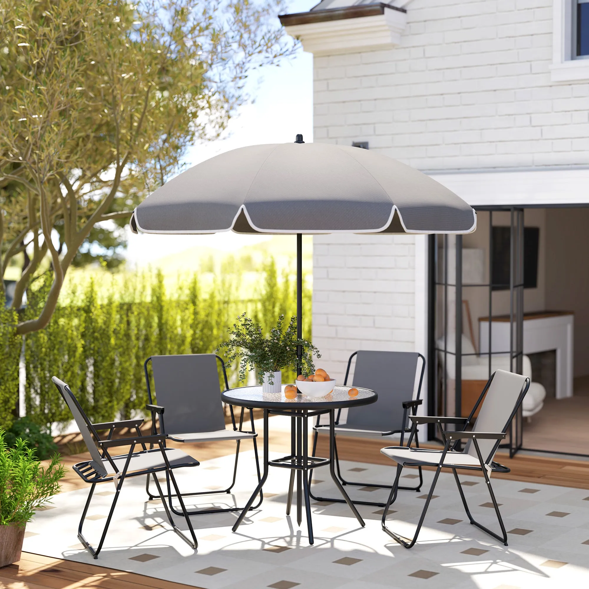 6 Piece Steel Garden Set with 4 Folding Chairs, Umbrella and Round Table, Grey and Black - Image 2