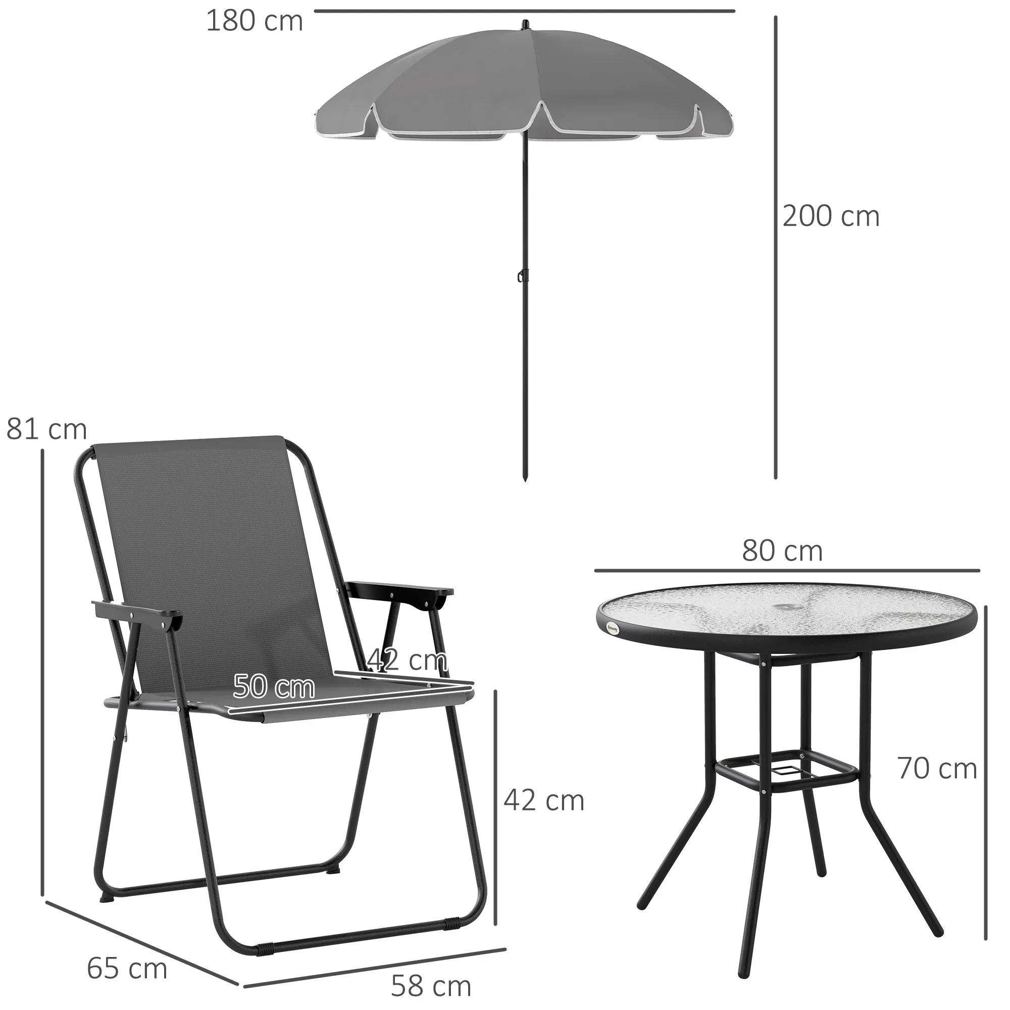 6 Piece Steel Garden Set with 4 Folding Chairs, Umbrella and Round Table, Grey and Black - Image 3