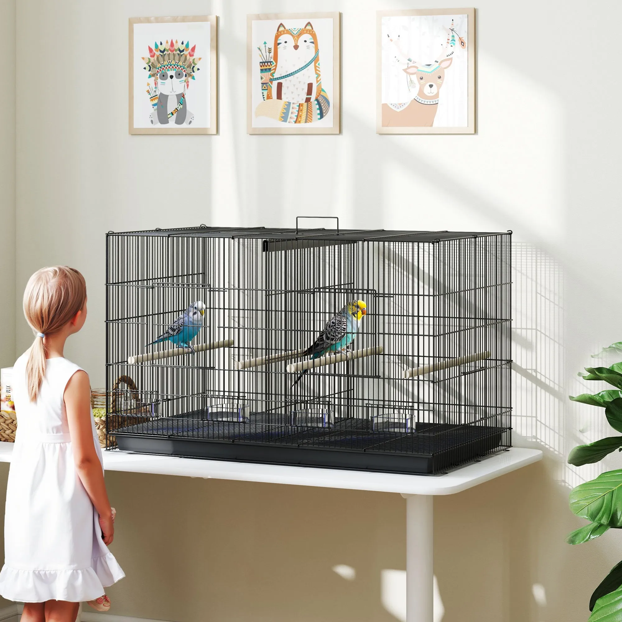 Bird Cage with Divider and Lower Storage Shelf, in Steel and PP, 94x57x57 cm, Black - Image 2