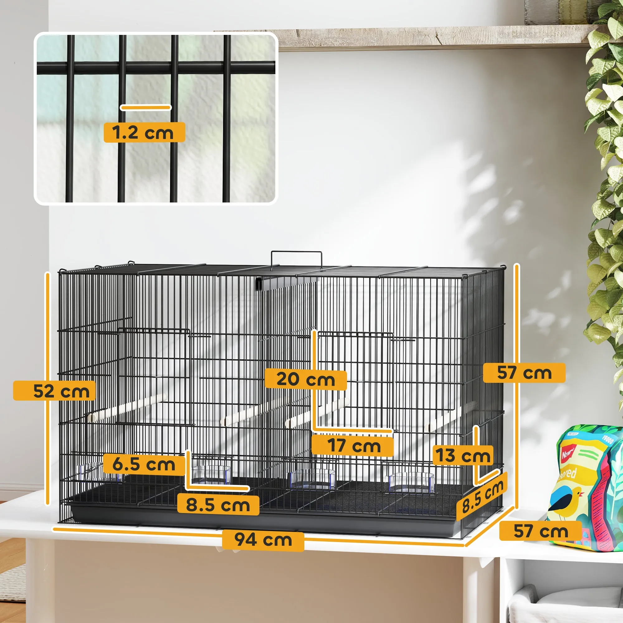 Bird Cage with Divider and Lower Storage Shelf, in Steel and PP, 94x57x57 cm, Black - Image 3