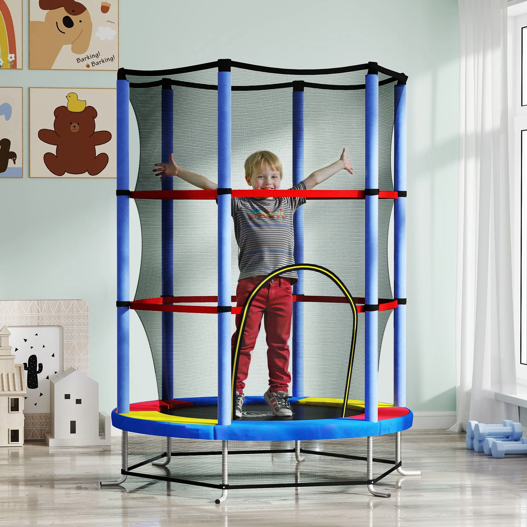 Trampoline for Children 3-6 Years with Safety Net, 6 Columns and 3 Entrances, Ø140x190 cm, Multicolor - Image 2