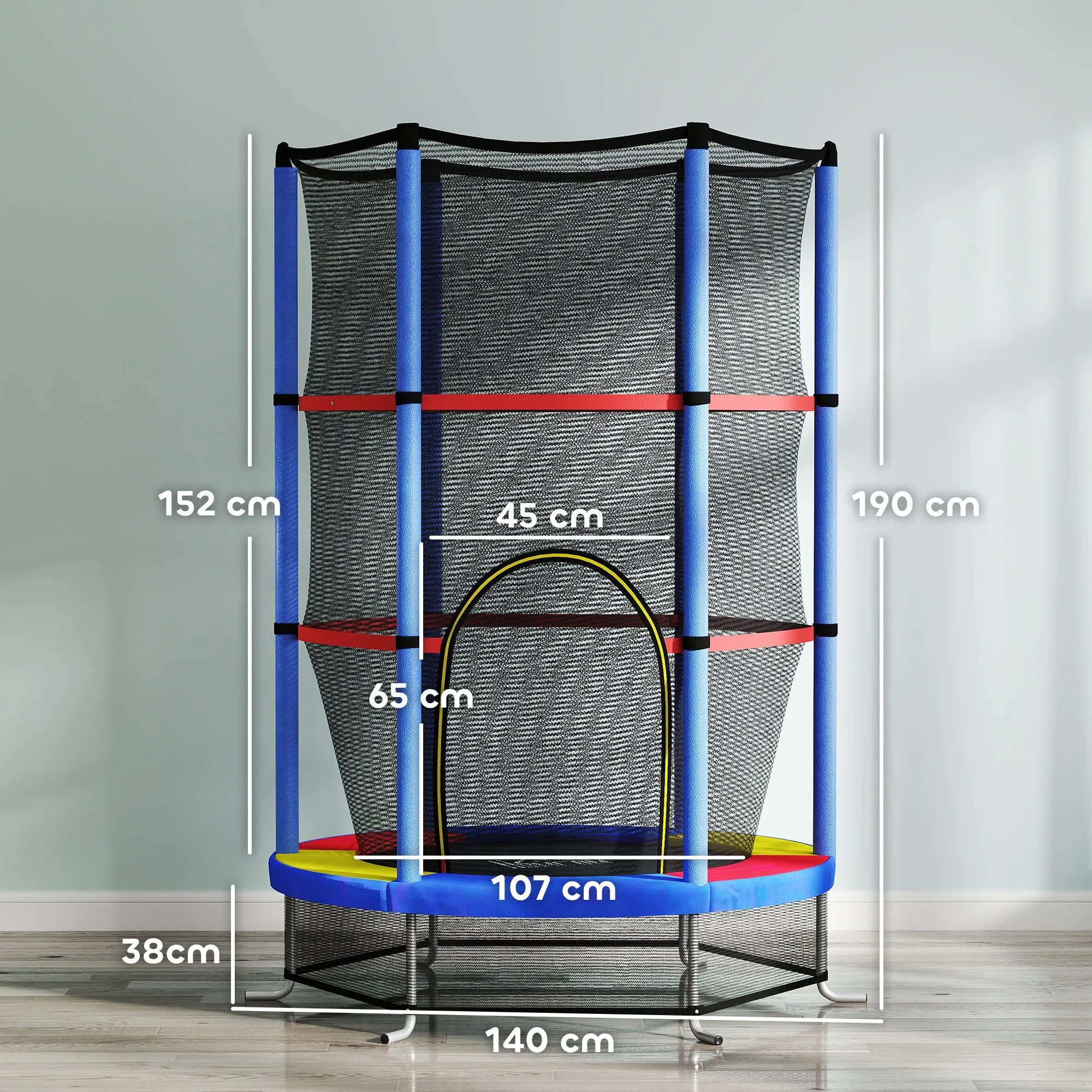 Trampoline for Children 3-6 Years with Safety Net, 6 Columns and 3 Entrances, Ø140x190 cm, Multicolor - Image 3