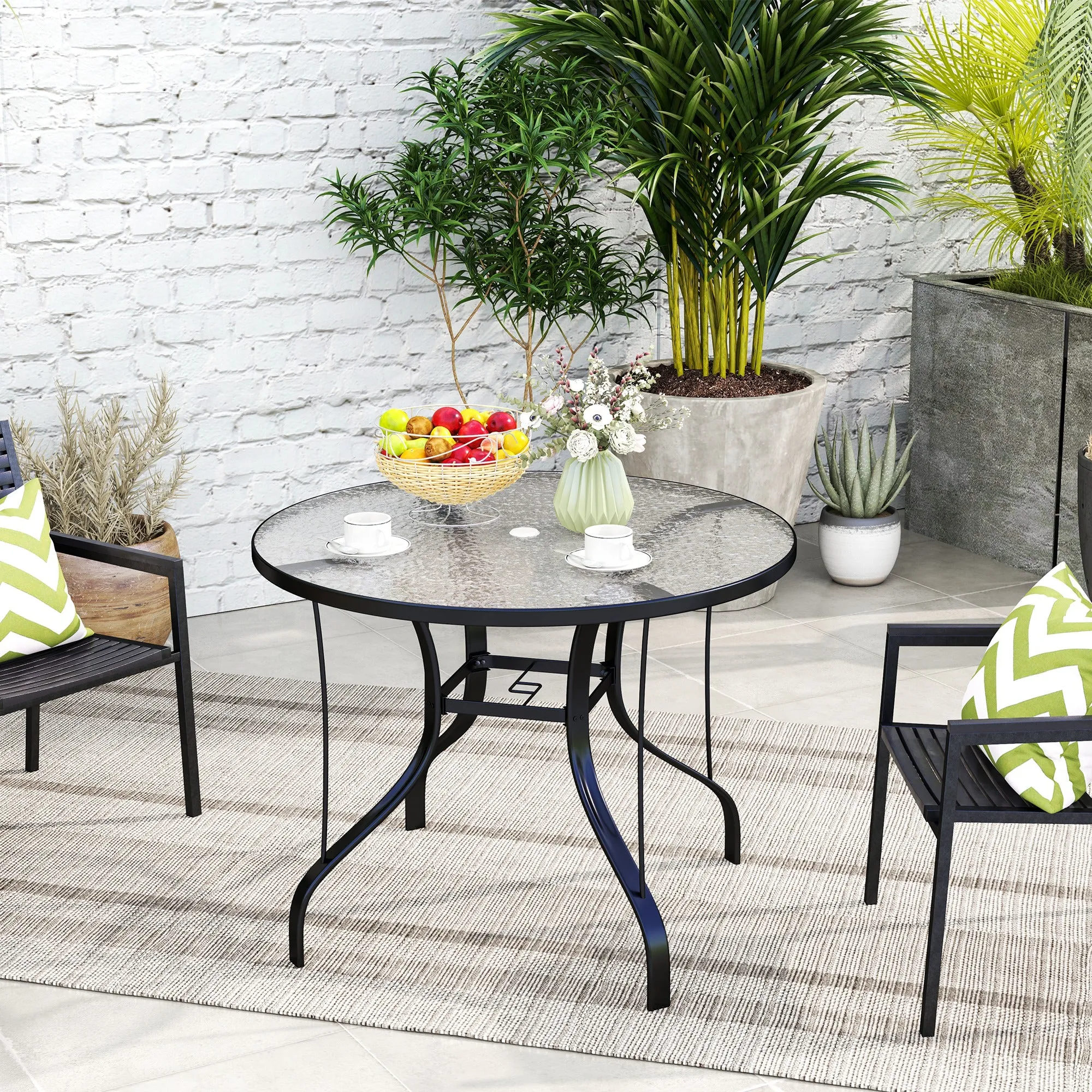 Round Garden Table with Umbrella Hole, in Metal and Tempered Glass, Ø96.5x71 cm, Black - Image 2