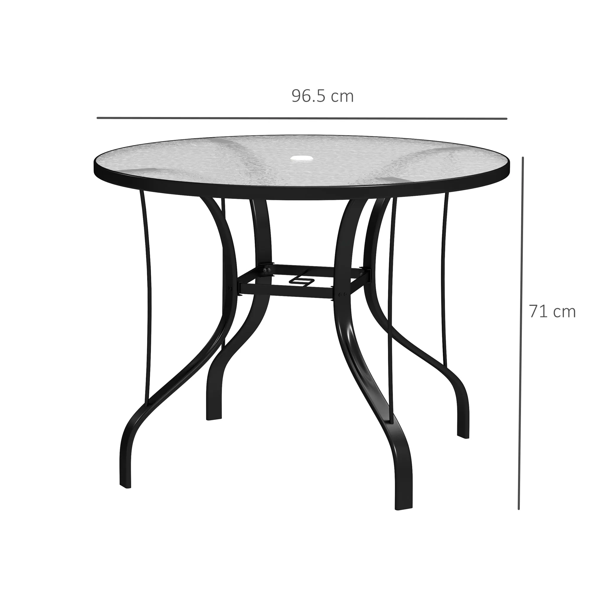 Round Garden Table with Umbrella Hole, in Metal and Tempered Glass, Ø96.5x71 cm, Black - Image 3