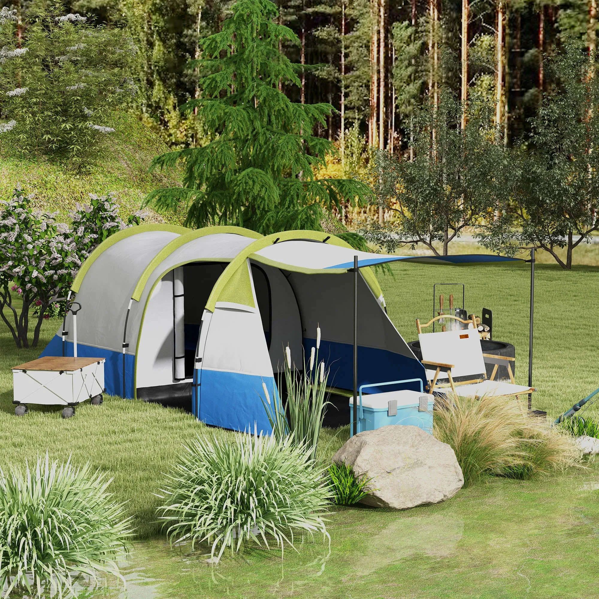 Waterproof Camping Tent with 2 Areas and 3 Entrances, Polyester and Fiberglass, 420x200x150 cm, Green - Image 2