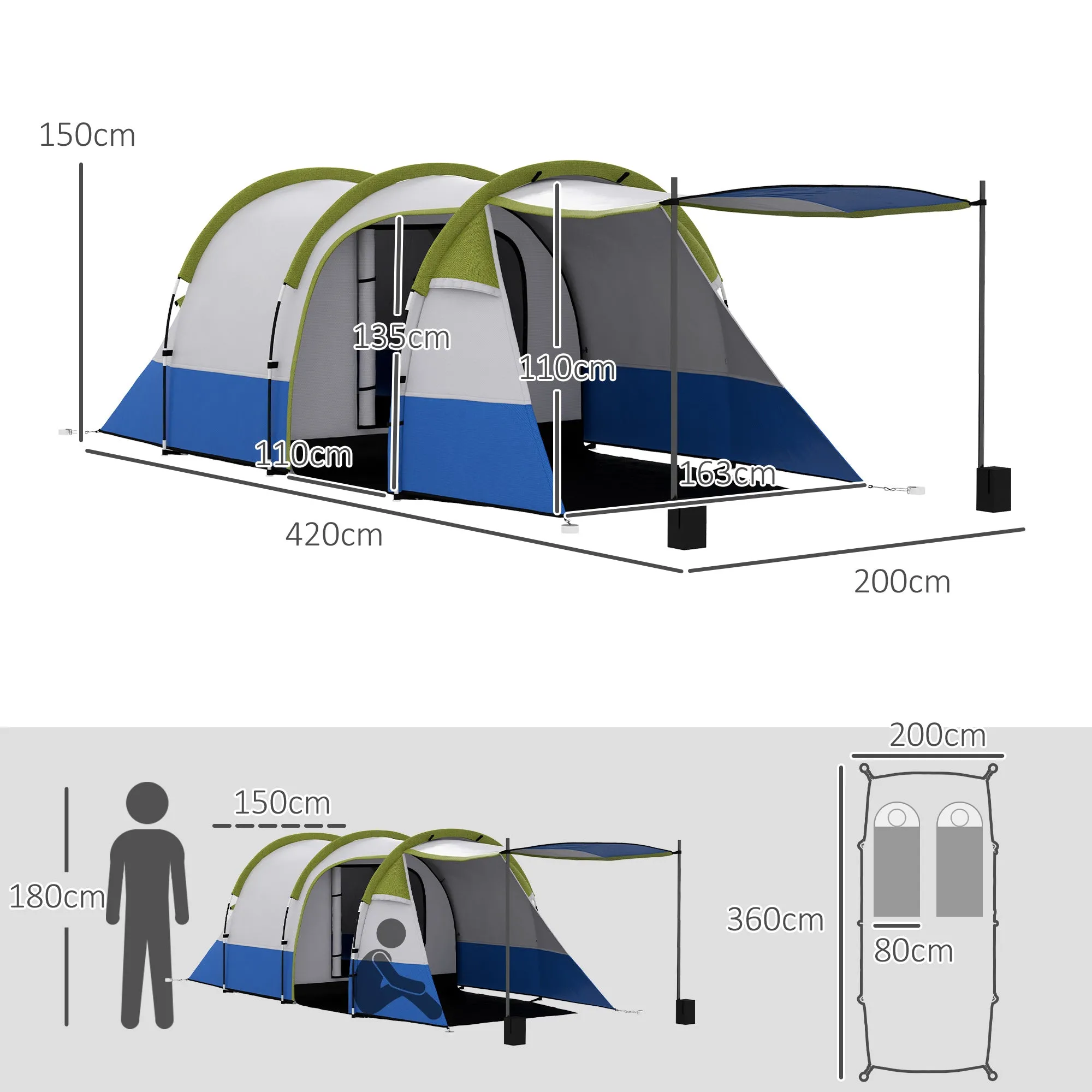 Waterproof Camping Tent with 2 Areas and 3 Entrances, Polyester and Fiberglass, 420x200x150 cm, Green - Image 3