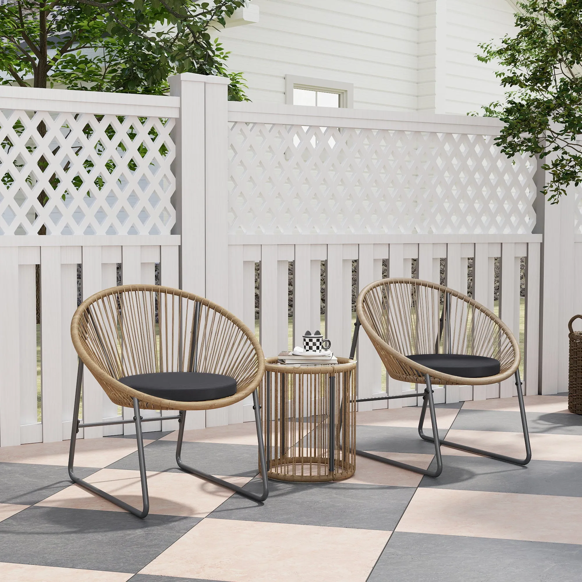 3 Piece Rattan and Steel Garden Set with 2 Chairs with Cushions and Cylinder Coffee Table, Multicolor - Image 2