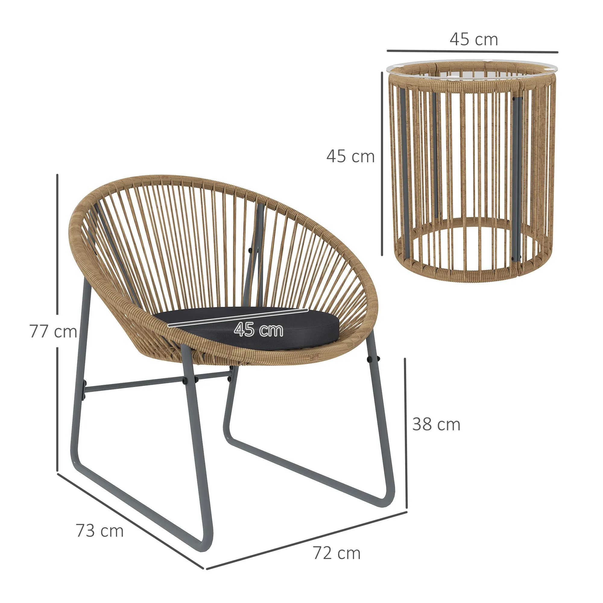 3 Piece Rattan and Steel Garden Set with 2 Chairs with Cushions and Cylinder Coffee Table, Multicolor - Image 3