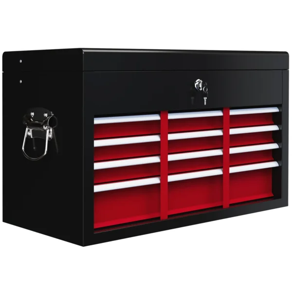 Tool Box with 6 Drawers in Steel with Lock, 60x26x34cm, Black and Red