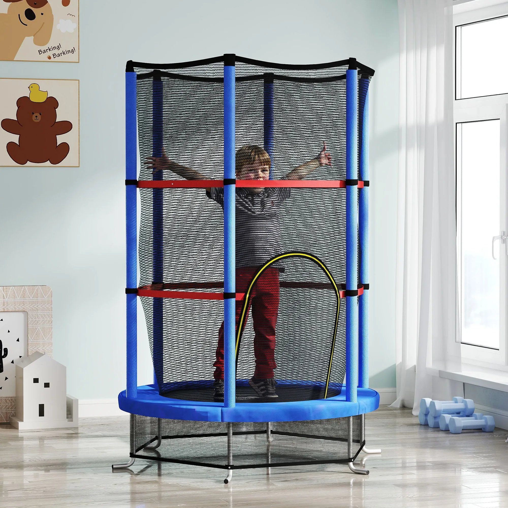 Trampoline for Children 3-6 Years with Safety Net, 6 Columns and 3 Entrances, Ø140x190 cm, Blue and Black - Image 2